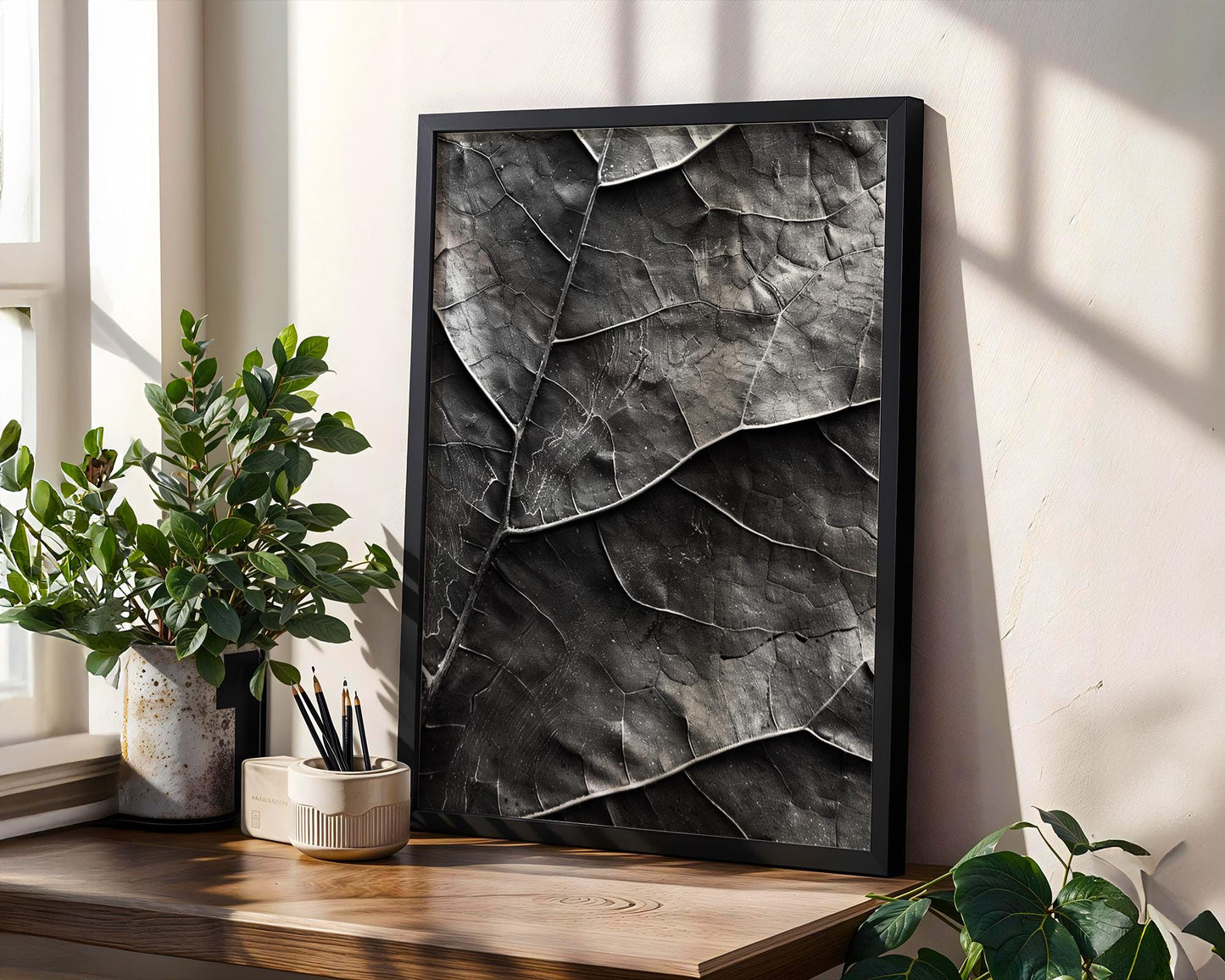 Botanical Photo | Dark  Leaf Print | Moody Macro Veins Photography wall art print, minimalist black and white poster, modern Scandinavian wall decor, Monohaus