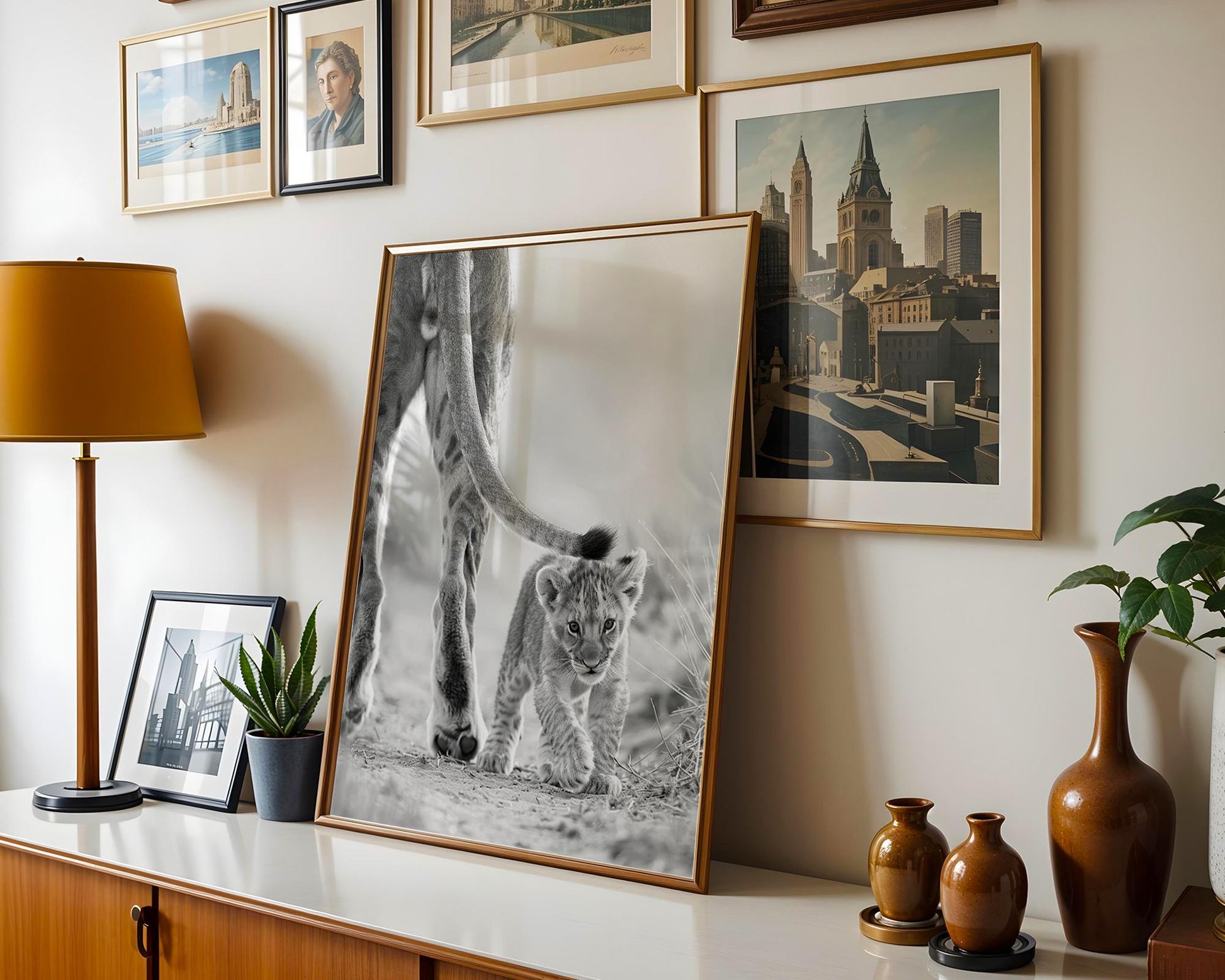 Wildlife Poster | Lion Cub and Mother Print | Minimalist Black & White Photography wall art print, minimalist black and white poster, modern Scandinavian wall decor, Monohaus