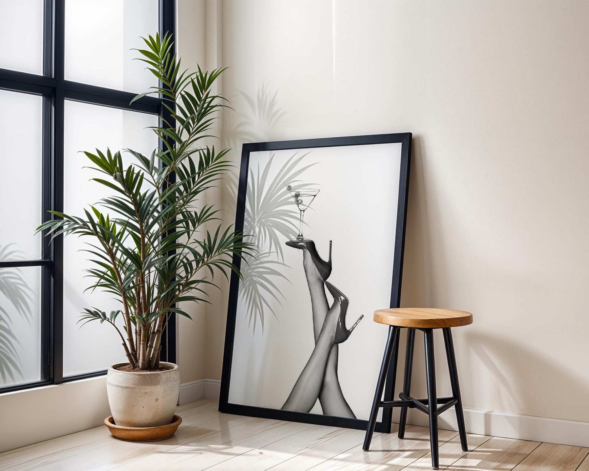 Designer Wall Art | Martini & Heels Print | Black and White Fashion Home Decor wall art print, minimalist black and white poster, modern Scandinavian wall decor, Monohaus