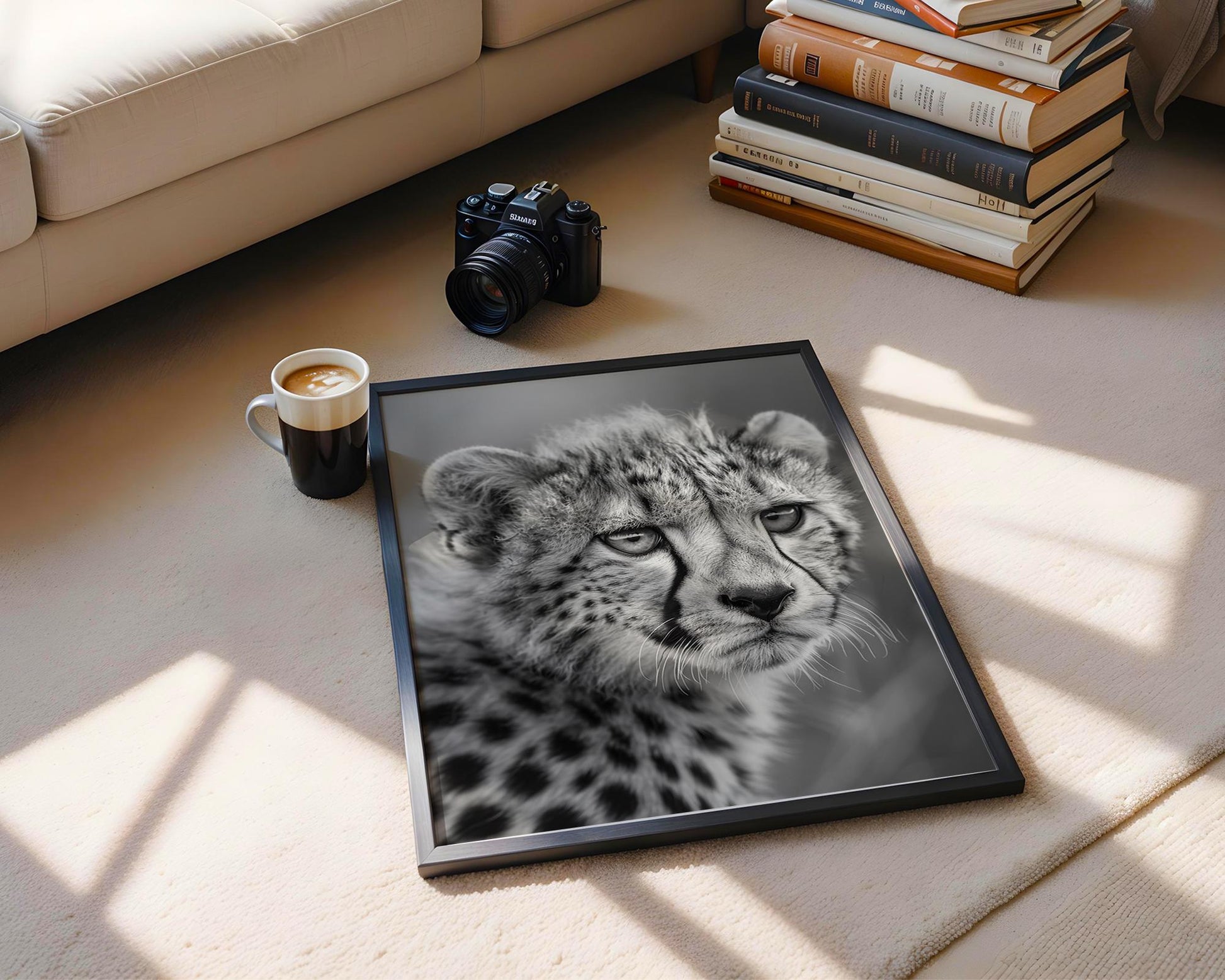 Wildlife Poster | Cheetah Close-Up Print • Black & White Safari Photography wall art print, minimalist black and white poster, modern Scandinavian wall decor, Monohaus