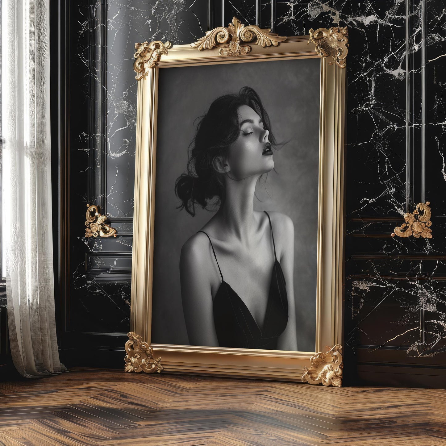 Minimal Wall Art Ethereal Woman Portrait Print | Moody Black Velvet Dress Art wall art print, minimalist black and white poster, modern Scandinavian wall decor, Monohaus