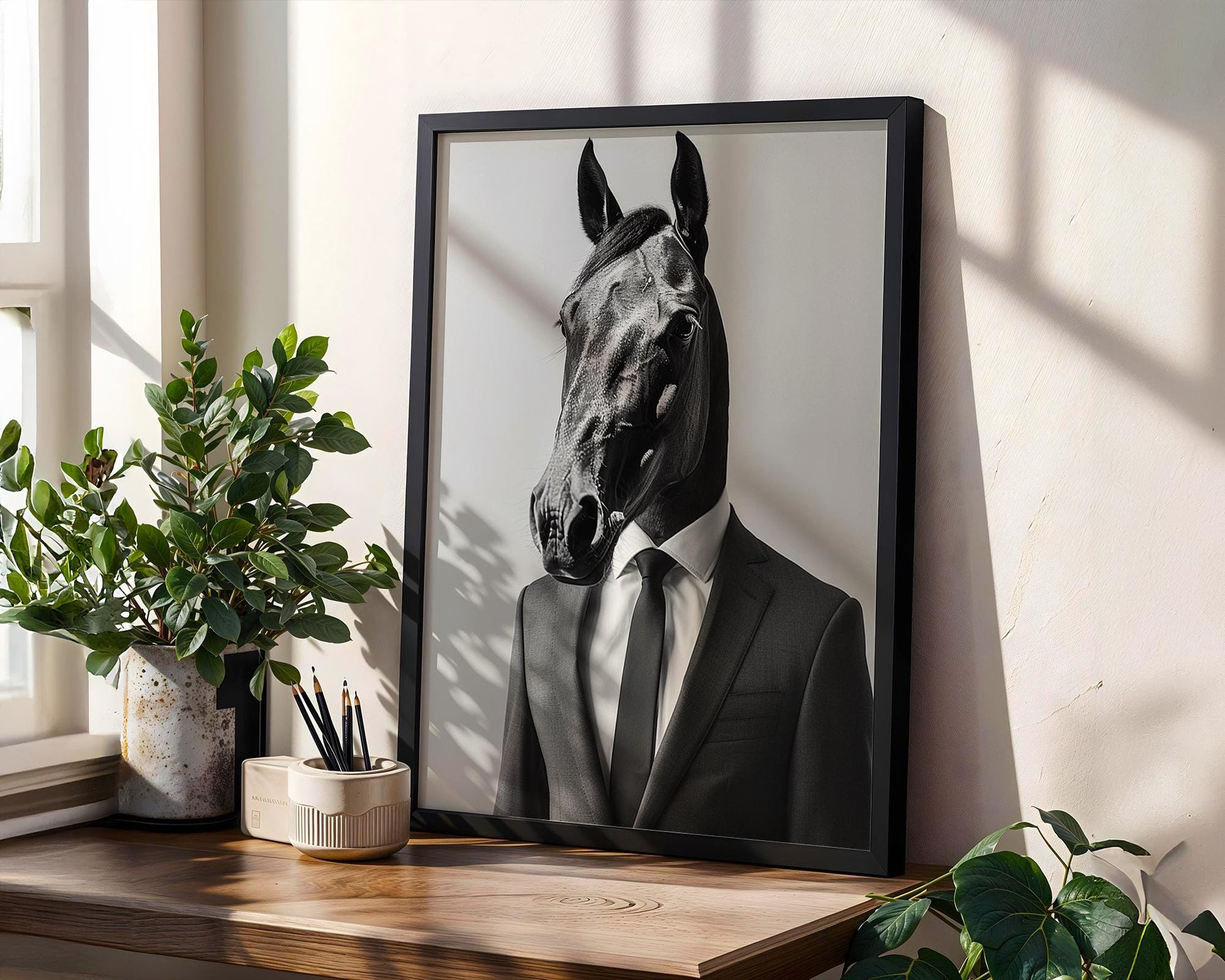 Horse Head in Suit Print | Surreal Equestrian Wall Art wall art print, minimalist black and white poster, modern Scandinavian wall decor, Monohaus