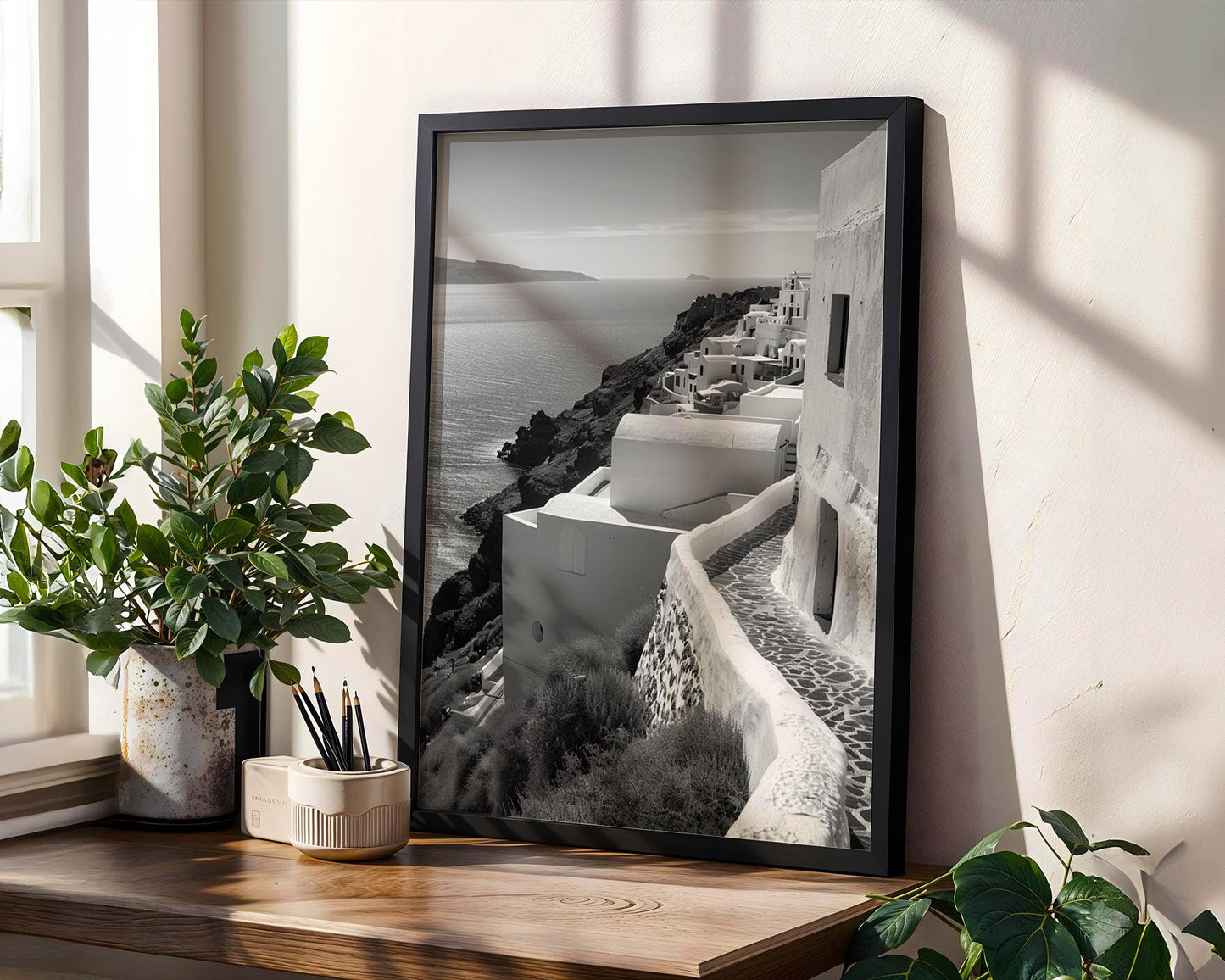 World Landmark | Santorini Black and White Print | Oia Cliffside Architecture Poster wall art print, black and white architectural poster, minimalist modern Scandinavian wall decor, Monohaus