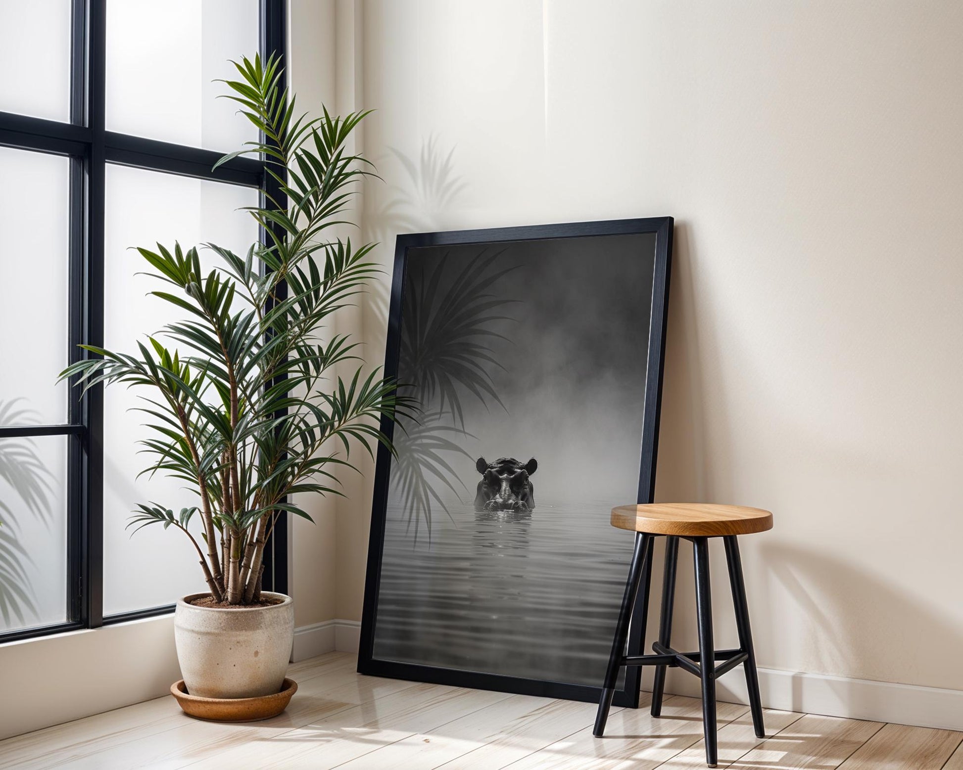 Wildlife Poster | Hippo in Mist Art Print | Minimalist Black & White Photography wall art print, minimalist black and white poster, modern Scandinavian wall decor, Monohaus