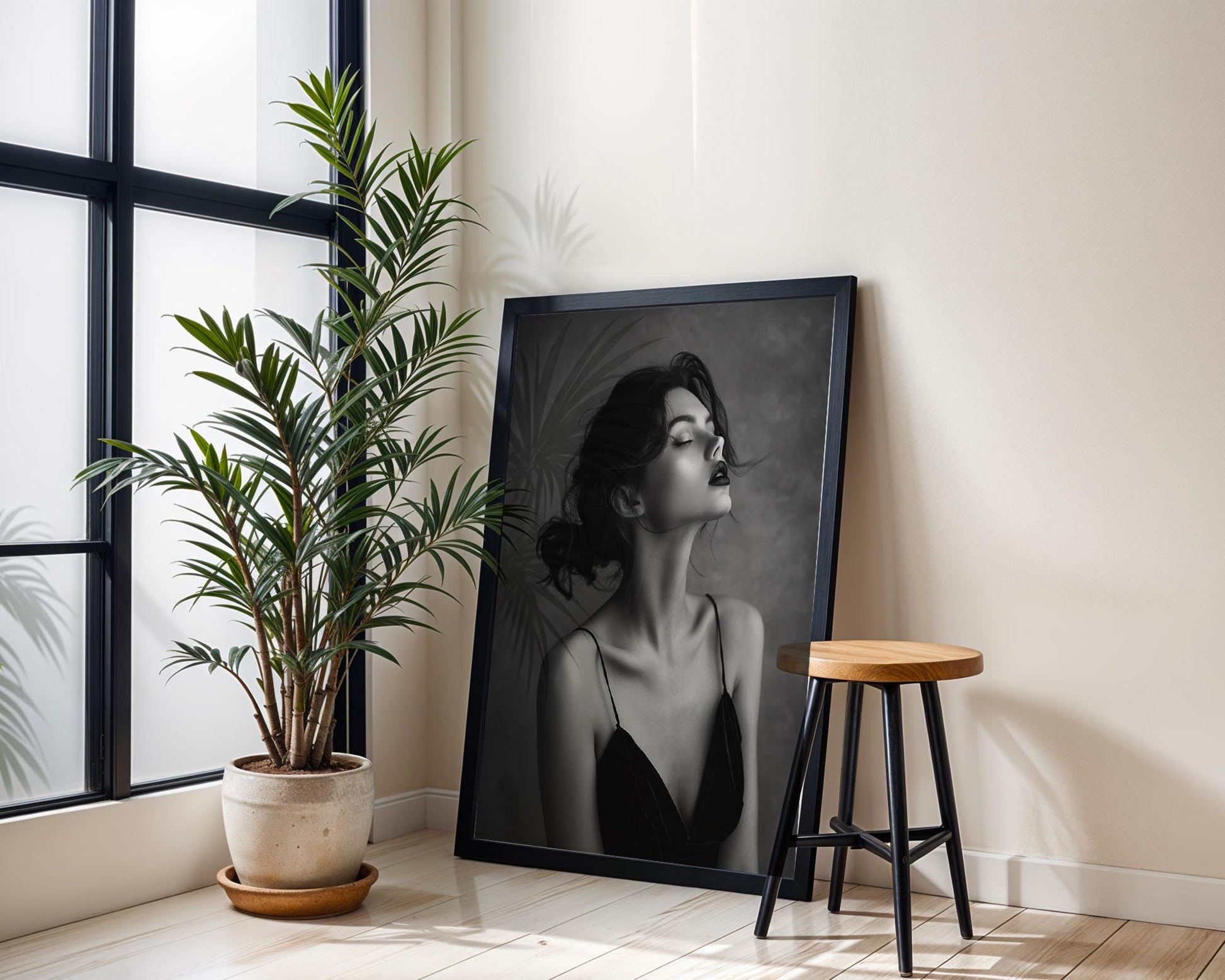 Minimal Wall Art Ethereal Woman Portrait Print | Moody Black Velvet Dress Art wall art print, minimalist black and white poster, modern Scandinavian wall decor, Monohaus