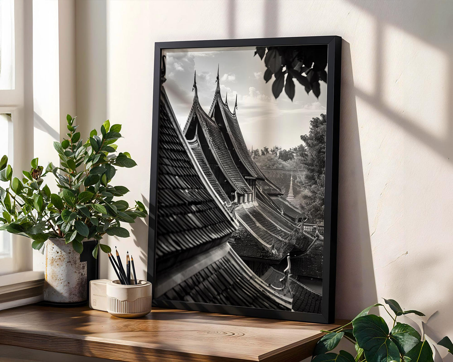 World Landmark | Laos Temple Roofs Print | Luang Prabang Black and White Photography wall art print, minimalist black and white poster, modern Scandinavian wall decor, Monohaus