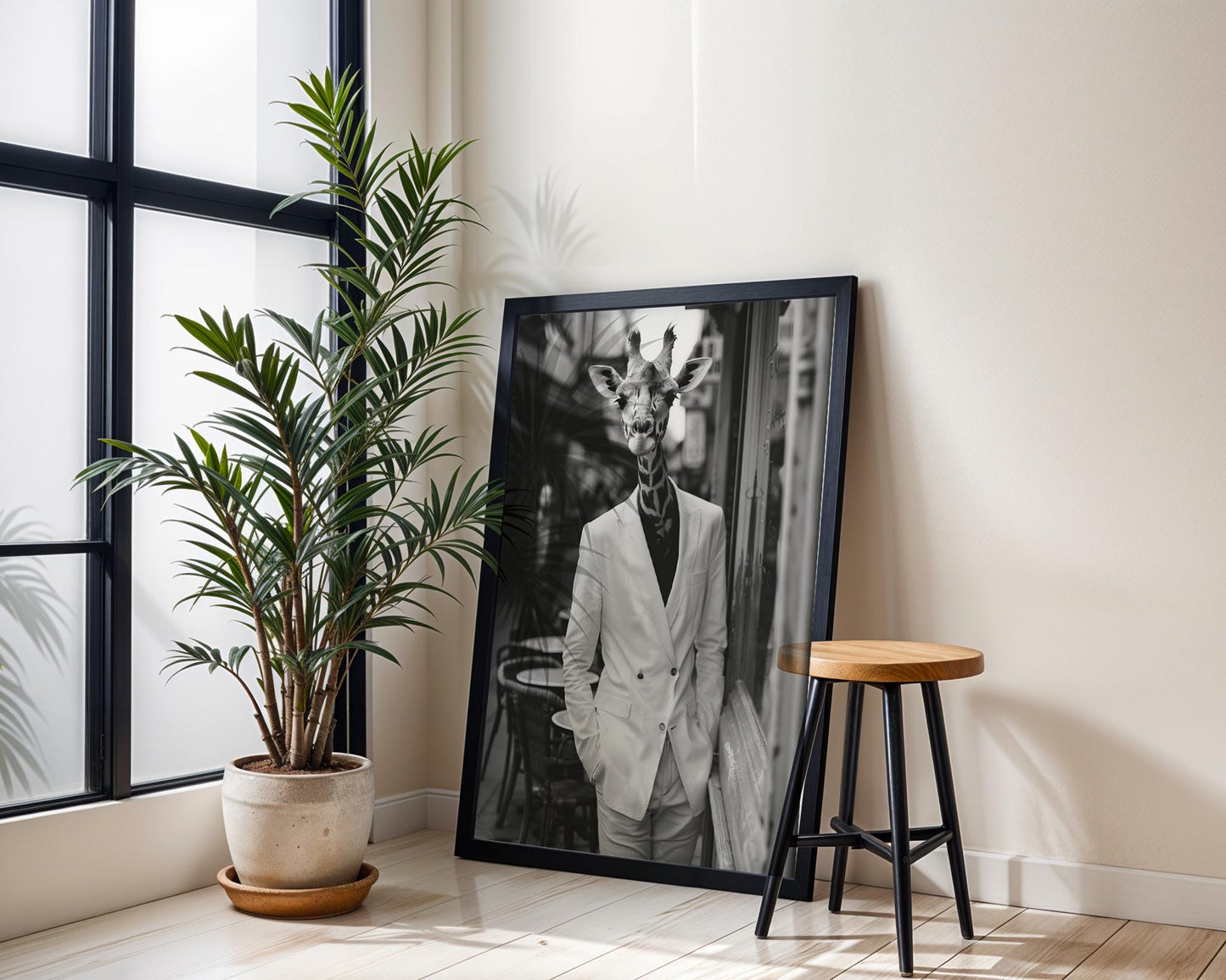 Designer Wall Art | Surreal Giraffe Portrait Print | Dapper Animal Photo Collage wall art print, minimalist black and white poster, modern Scandinavian wall decor, Monohaus