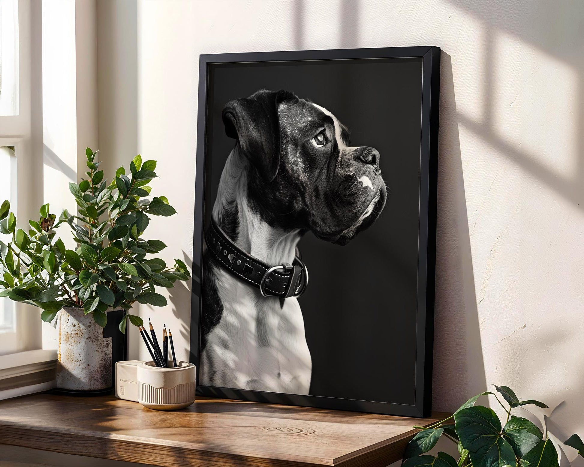 Dog Photography Boxer Pet Portrait Print | Brindle Puppy Poster wall art print, minimalist black and white poster, modern Scandinavian wall decor, Monohaus