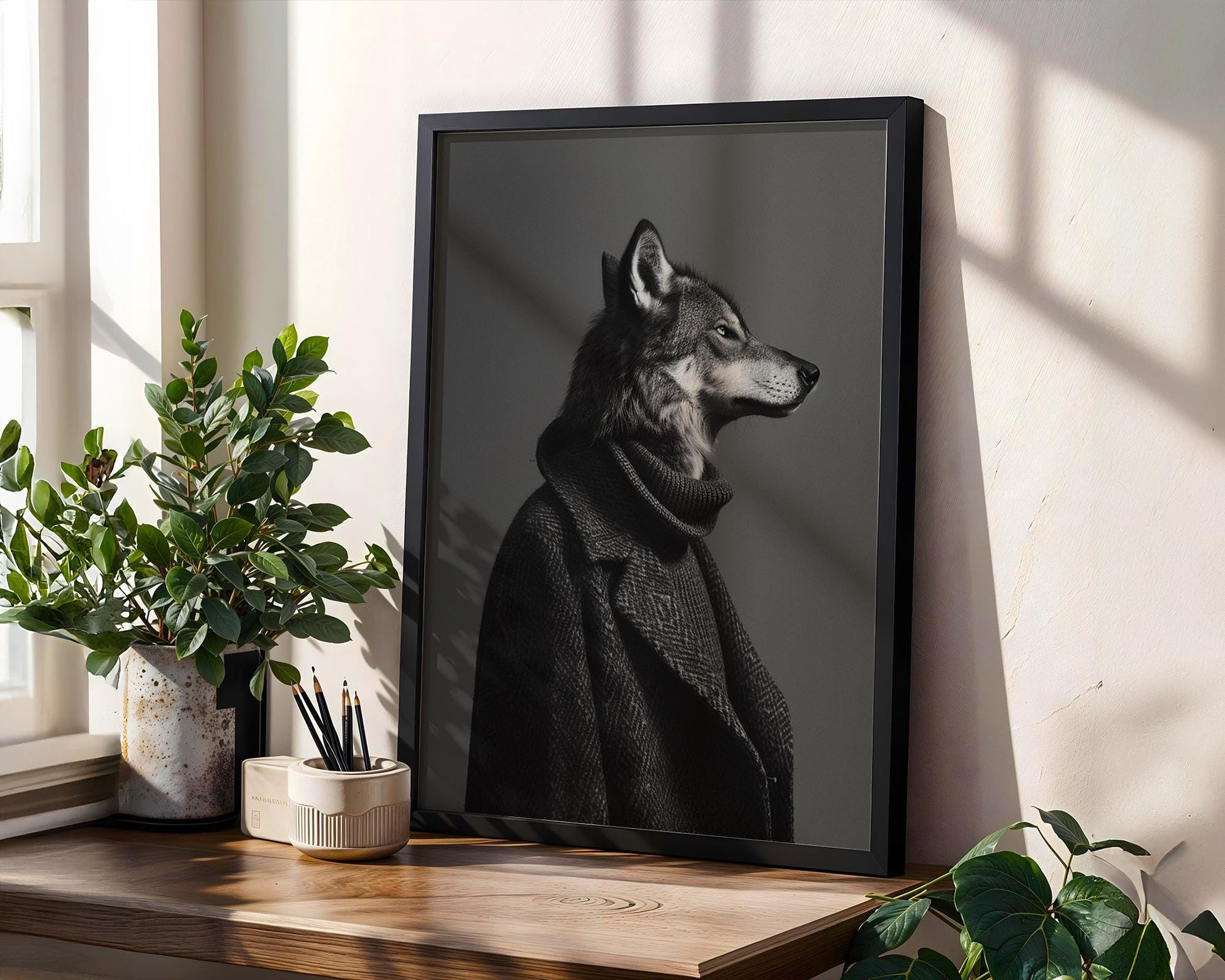 Designer Wall Art | Wolf in Turtleneck Print | Luxury Noir Animal Portrait wall art print, minimalist black and white poster, modern Scandinavian wall decor, Monohaus