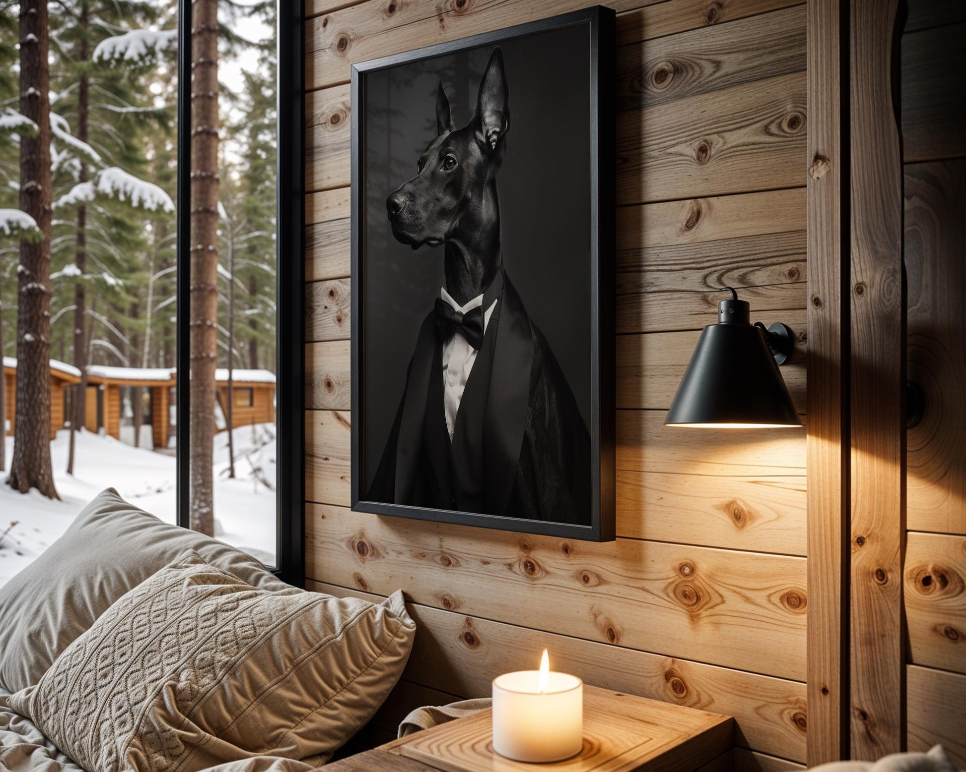 Dog Photography Doberman in Tuxedo Art Print | Formal Pet Portrait wall art print, minimalist black and white poster, modern Scandinavian wall decor, Monohaus