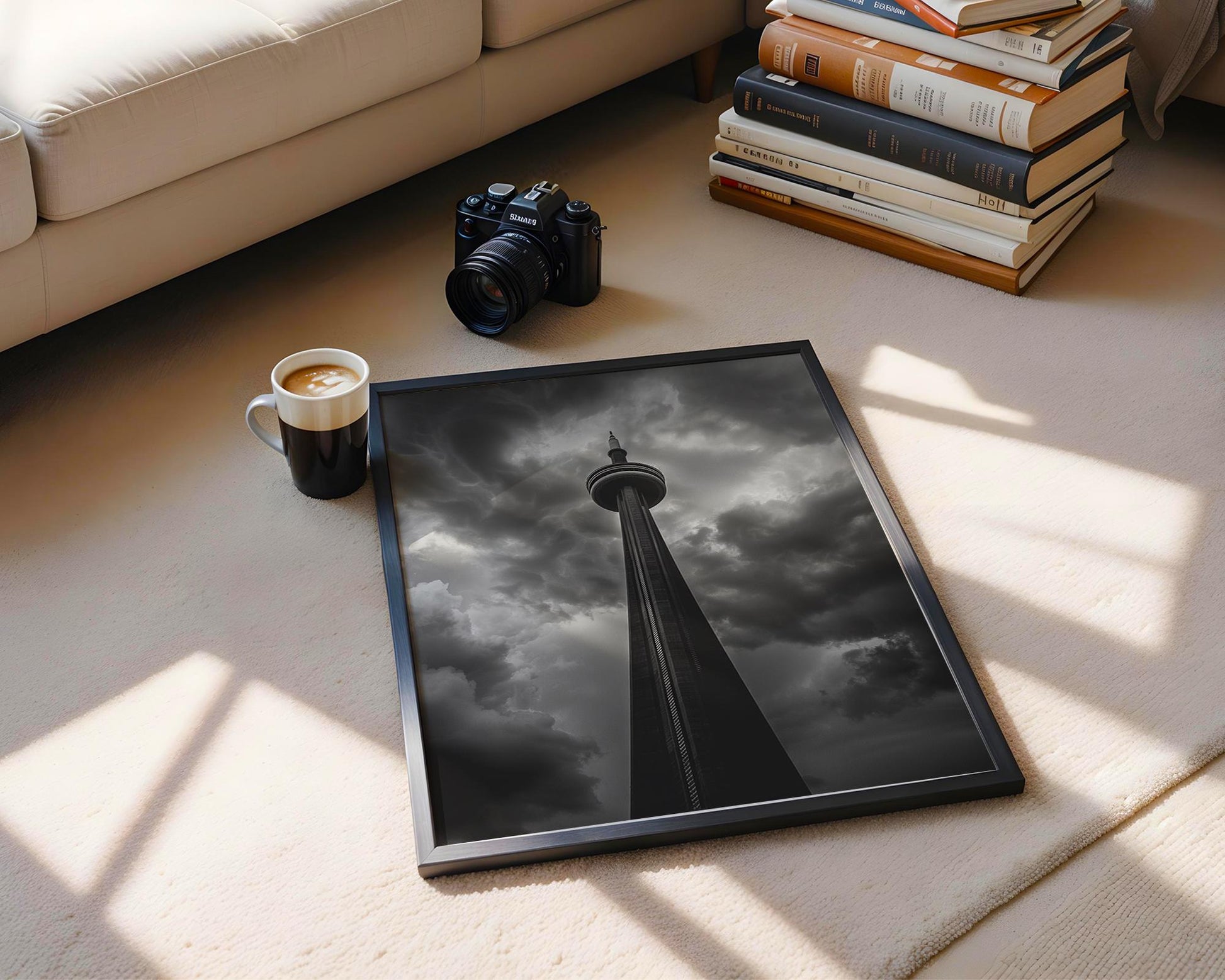 World Landmark | CN Tower Print | Dramatic Storm Clouds, Toronto Photography wall art print, black and white architectural poster, minimalist modern Scandinavian wall decor, Monohaus