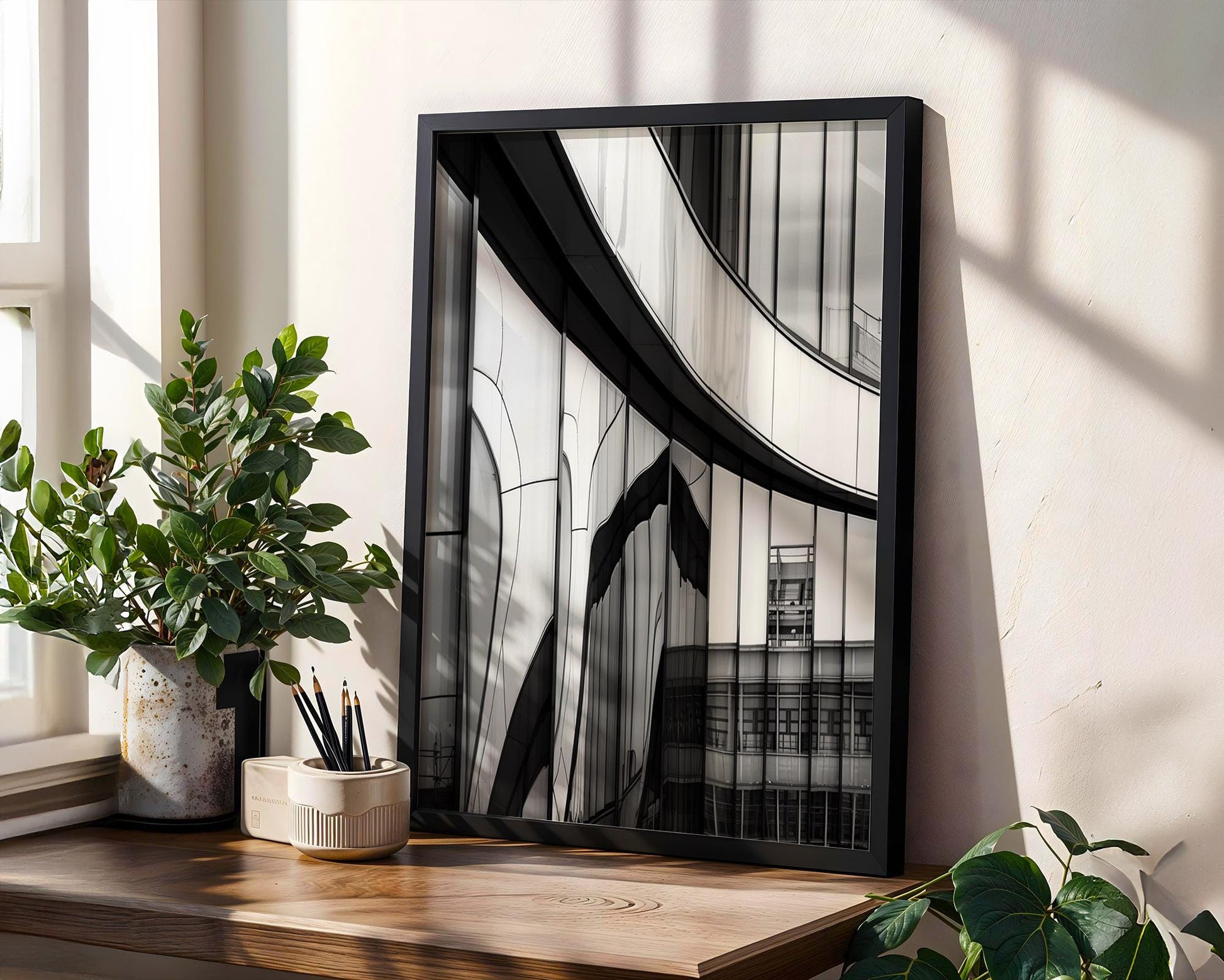 Minimal Wall Art Curved Facade | Modern Urban Architecture Photography wall art print, black and white architectural poster, minimalist modern Scandinavian wall decor, Monohaus