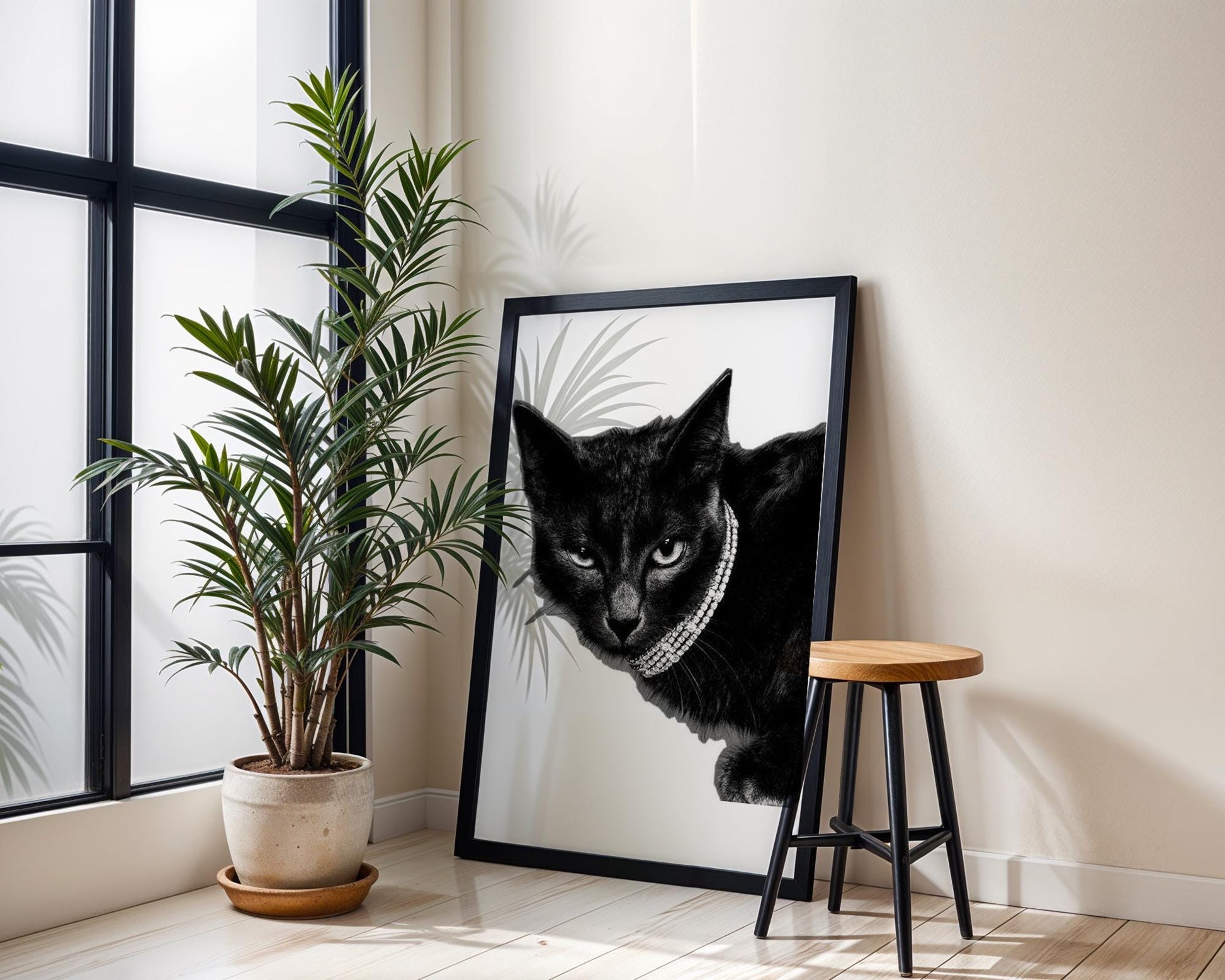 Designer Wall Art | Glam Black Cat Print | Diamond Collar, Minimalist Pet Portrait wall art print, minimalist black and white poster, modern Scandinavian wall decor, Monohaus
