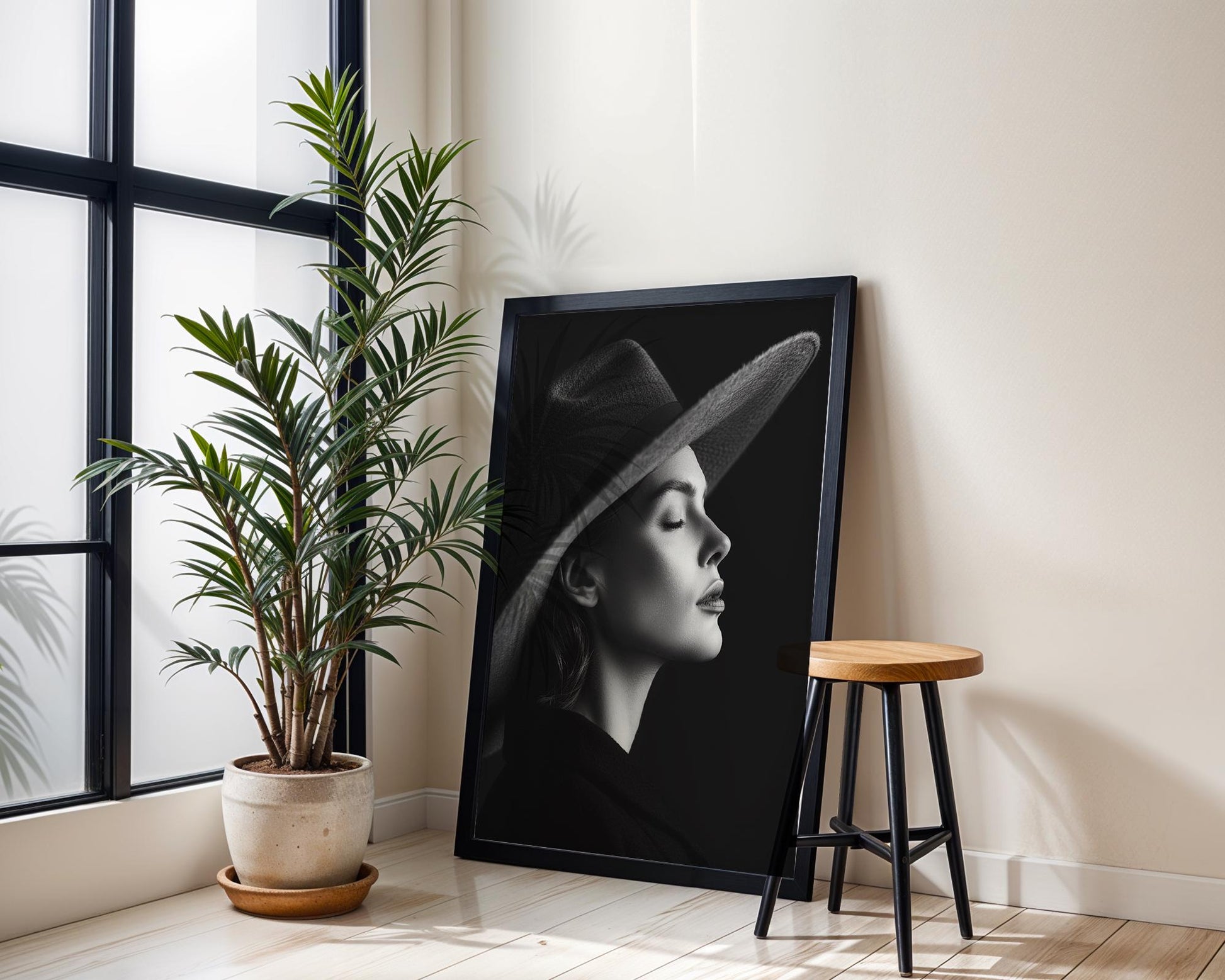 Minimal Wall Art Woman in Hat Art Print | Serene Fashion Portrait wall art print, minimalist black and white poster, modern Scandinavian wall decor, Monohaus