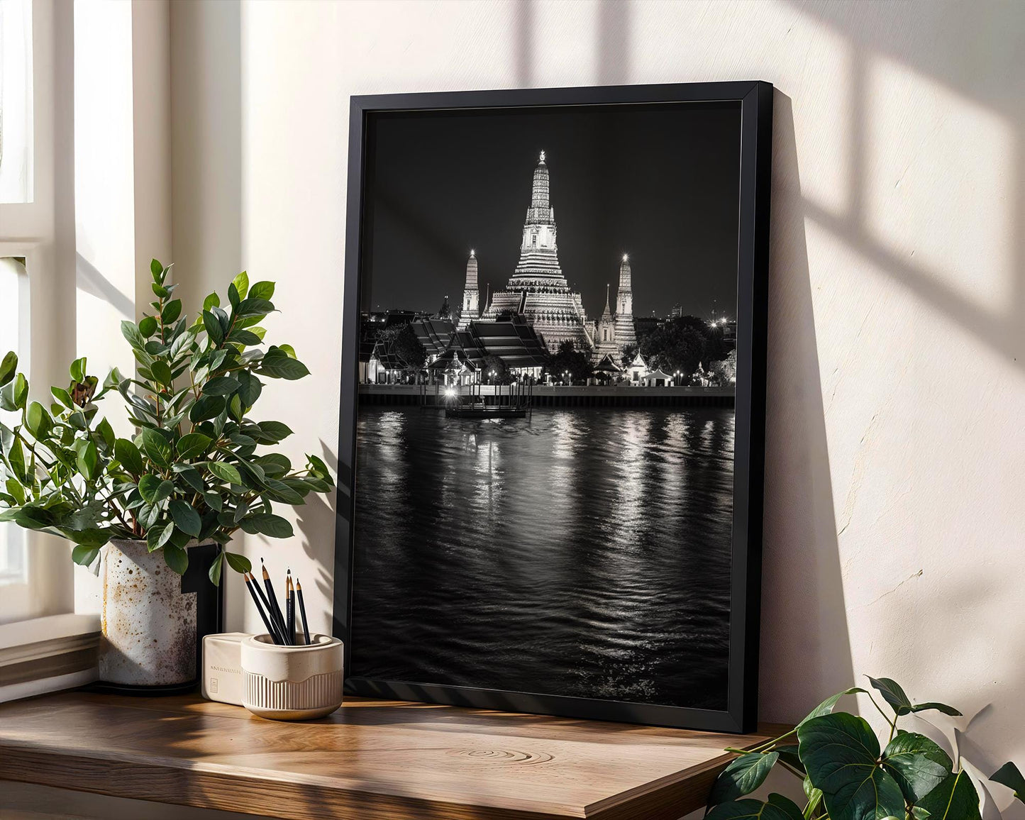 Wat Arun Temple, Bangkok Night Photography Print | Black and White Cityscape Wall Art