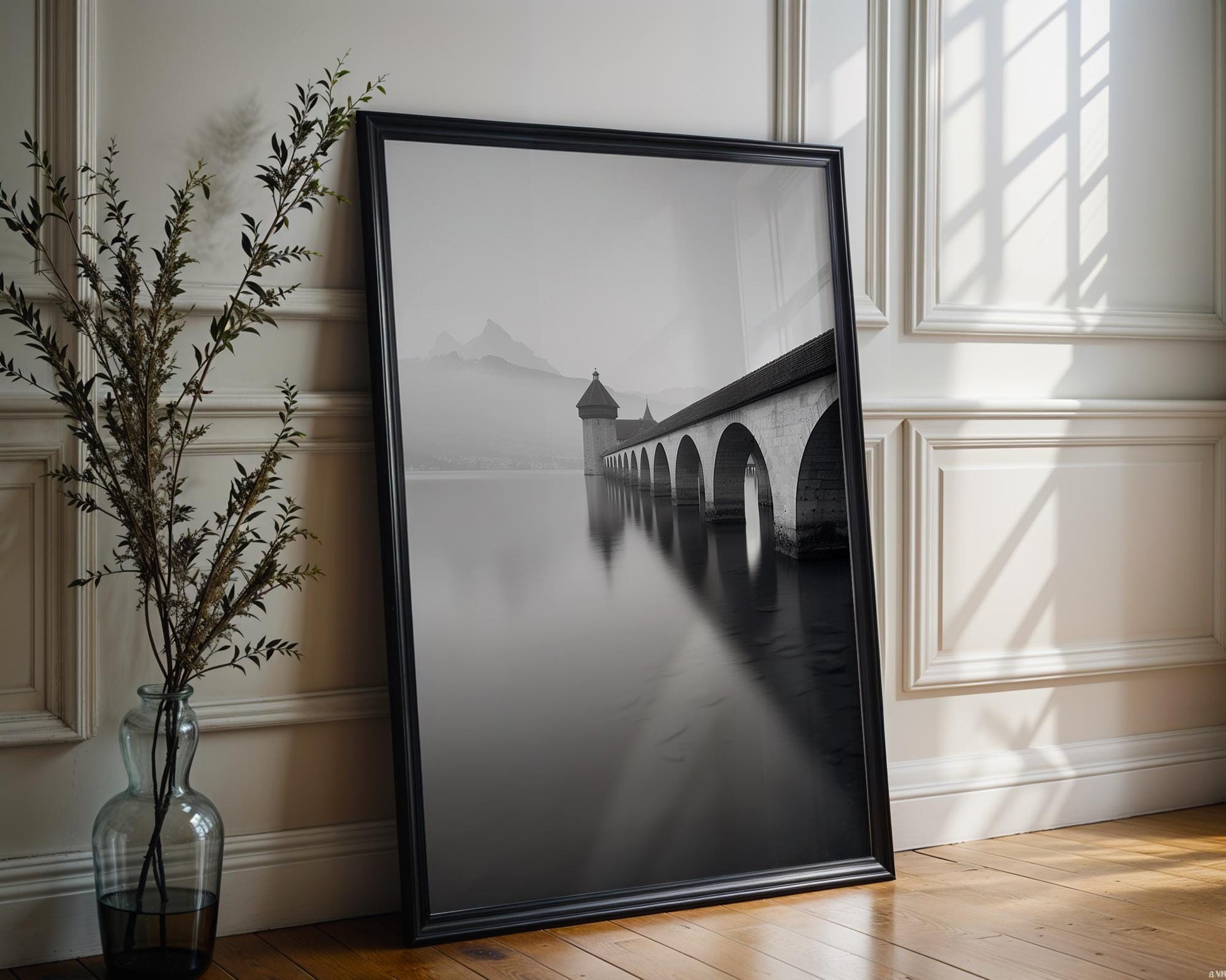 World Landmark | Lucerne Chapel Bridge Print | Switzerland Black and White Photography wall art print, minimalist black and white poster, modern Scandinavian wall decor, Monohaus