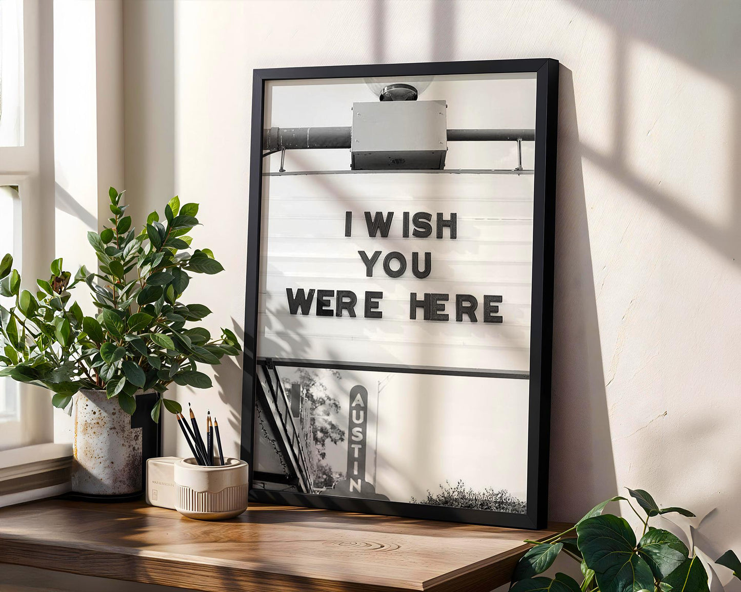 Designer Wall Art | I Wish You Were Here Print | Austin Texas Marquee Sign Art wall art print, minimalist black and white poster, modern Scandinavian wall decor, Monohaus