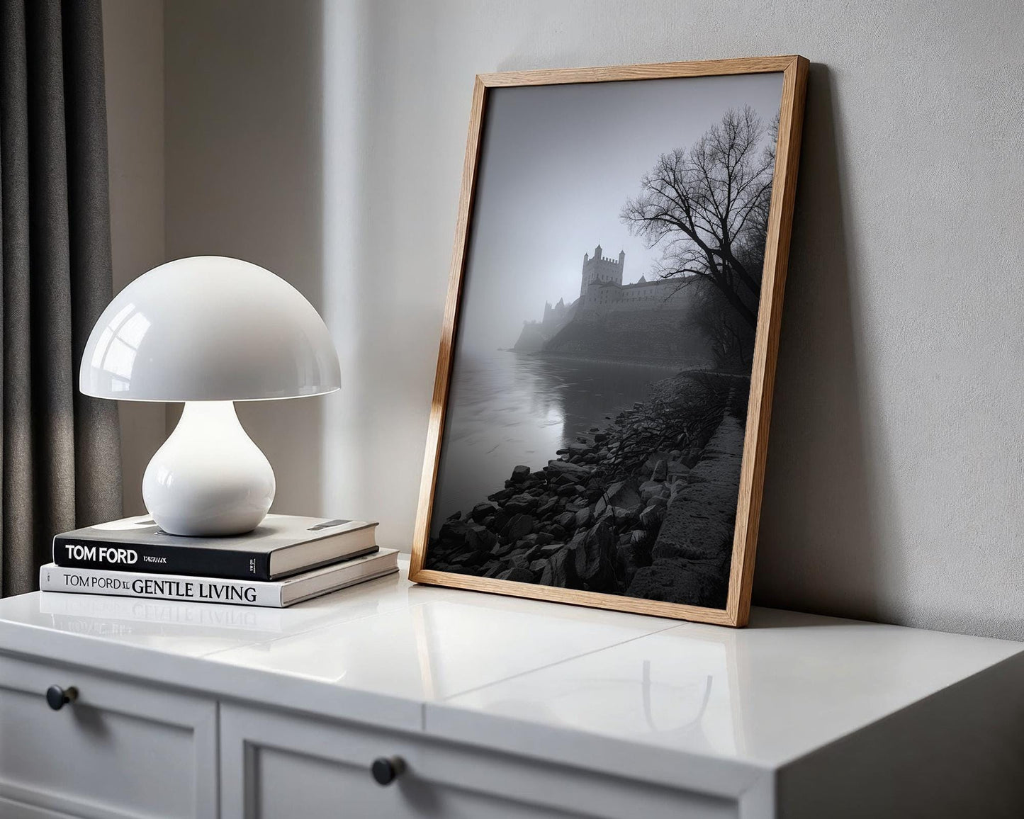 World Landmark | Castle Riverbank Photography Print | Minimalist Black and White Wall Art wall art print, minimalist black and white poster, modern Scandinavian wall decor, Monohaus