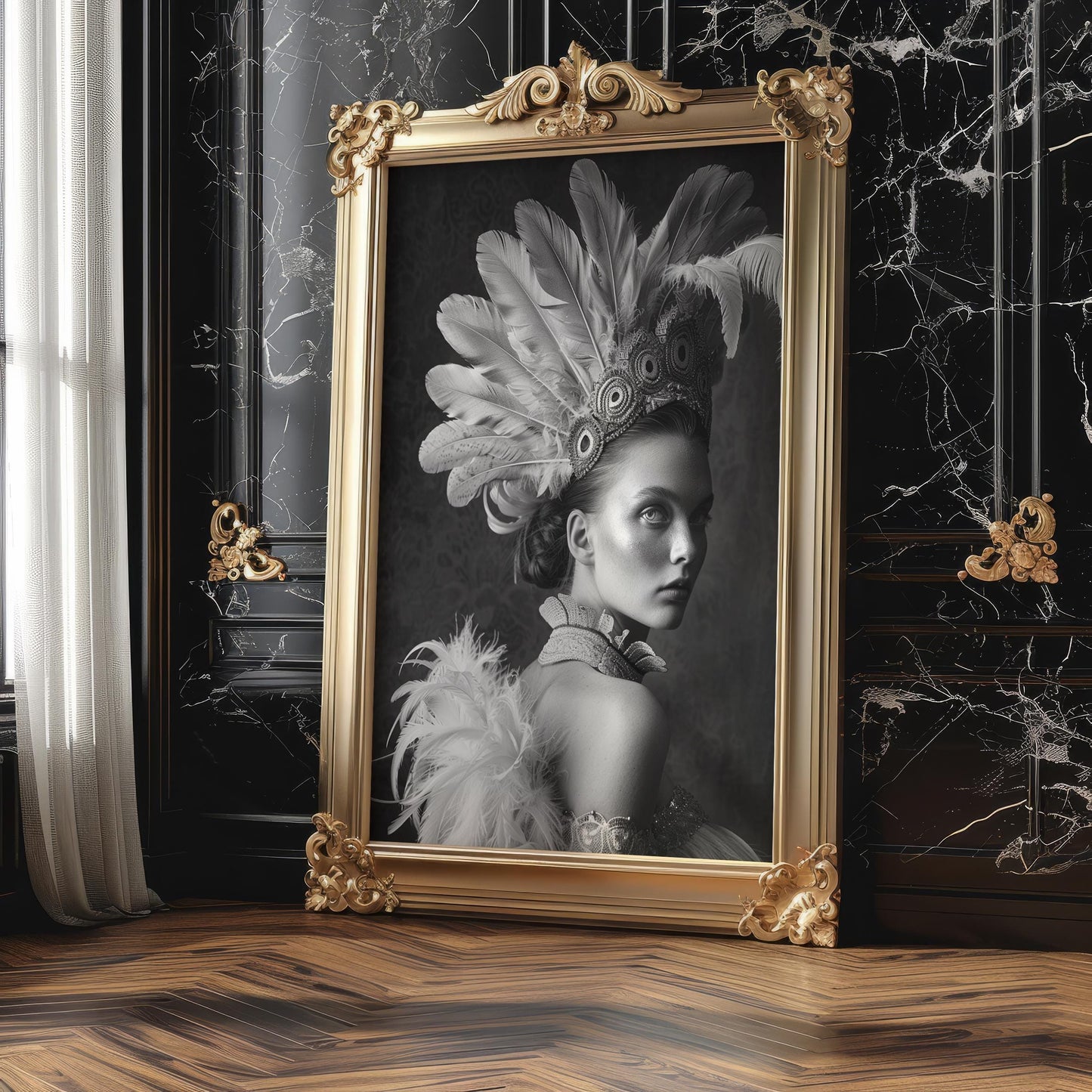 Feathered Headdress Portrait | Black and White Photography Print wall art print, minimalist black and white poster, modern Scandinavian wall decor, Monohaus