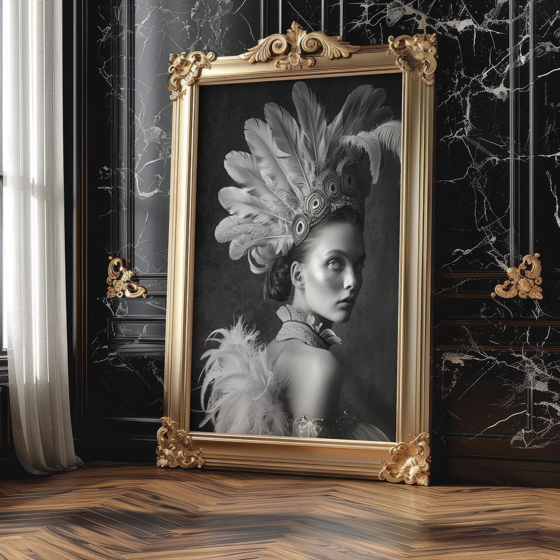 Feathered Headdress Portrait | Black and White Photography Print wall art print, minimalist black and white poster, modern Scandinavian wall decor, Monohaus