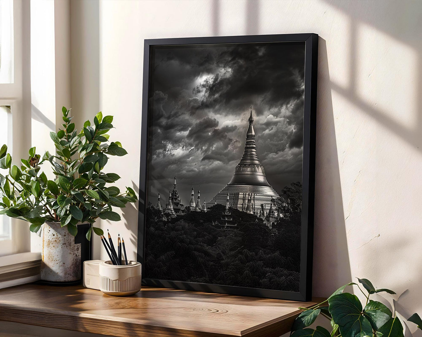 World Landmark | Shwedagon Pagoda Print | Yangon, Myanmar Black & White Photography wall art print, minimalist black and white poster, modern Scandinavian wall decor, Monohaus