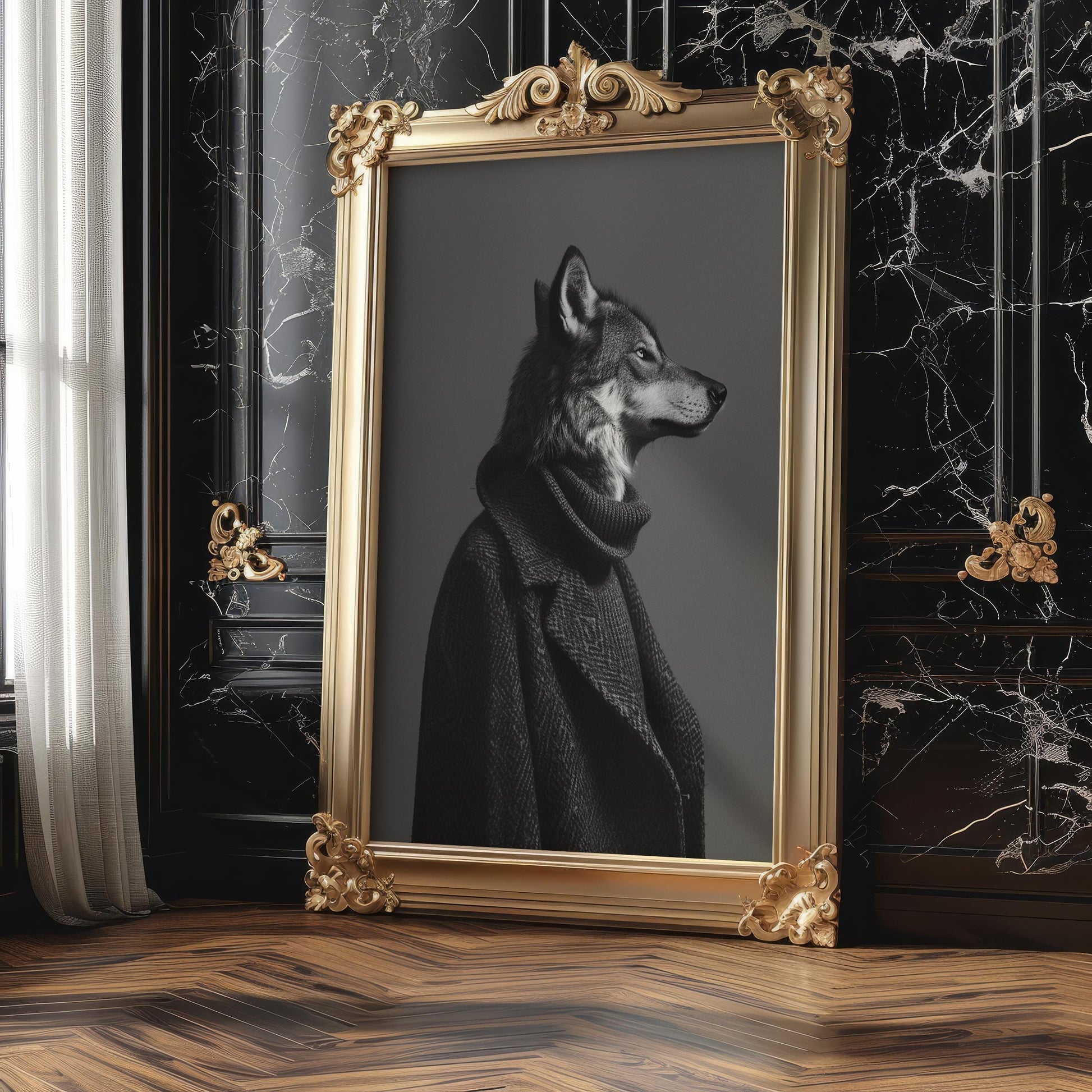 Designer Wall Art | Wolf in Turtleneck Print | Luxury Noir Animal Portrait wall art print, minimalist black and white poster, modern Scandinavian wall decor, Monohaus