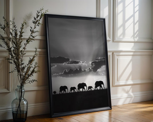 Wildlife Poster | Elephant Family Silhouette Print • Black & White Safari Wall Art wall art print, minimalist black and white poster, modern Scandinavian wall decor, Monohaus