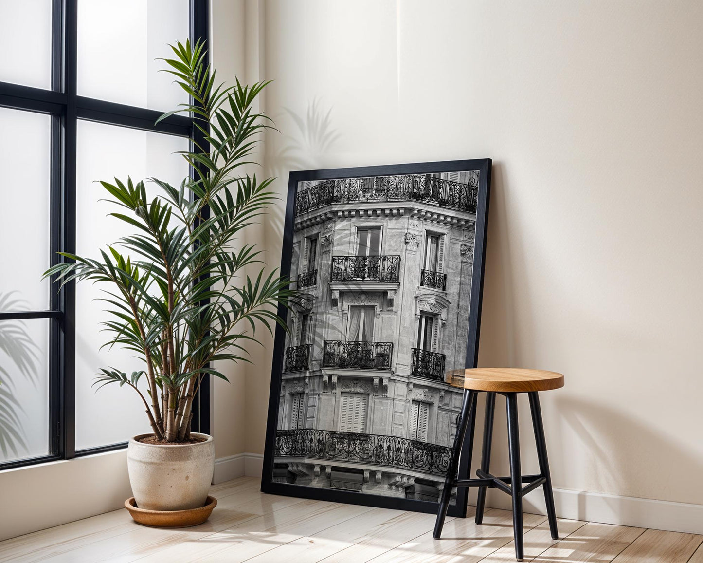 Designer Wall Art | Paris Balcony | Black and White Haussmann Architecture wall art print, black and white architectural poster, minimalist modern Scandinavian wall decor, Monohaus