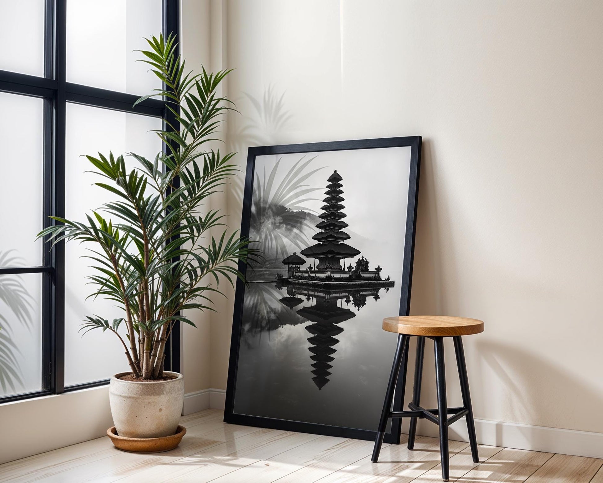 World Landmark | Ulun Danu Temple Print | Bali Lake Reflection, Black and White Asia Art wall art print, minimalist black and white poster, modern Scandinavian wall decor, Monohaus