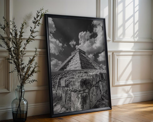 World Landmark | Chichen Itza Pyramid Print | Black and White Mayan Temple Fine Art wall art print, minimalist black and white poster, modern Scandinavian wall decor, Monohaus