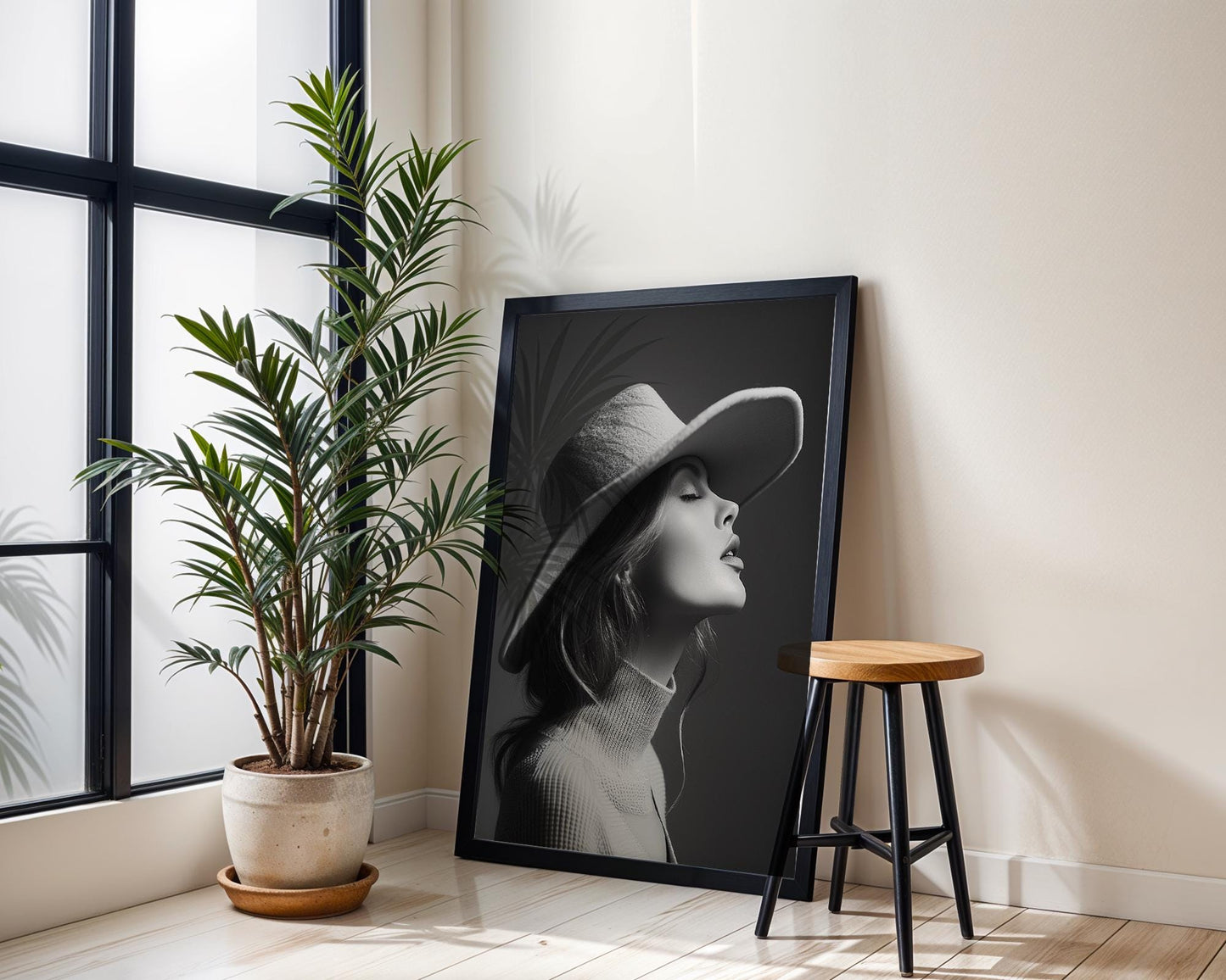 Minimal Wall Art Moody Woman Portrait Print | Elegant Scandi Home Decor wall art print, minimalist black and white poster, modern Scandinavian wall decor, Monohaus