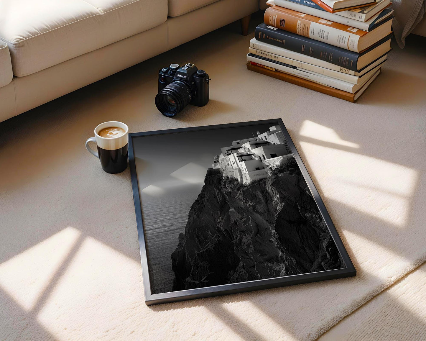 World Landmark | Santorini Cliff Houses Print | Black and White Greece Architecture wall art print, black and white architectural poster, minimalist modern Scandinavian wall decor, Monohaus