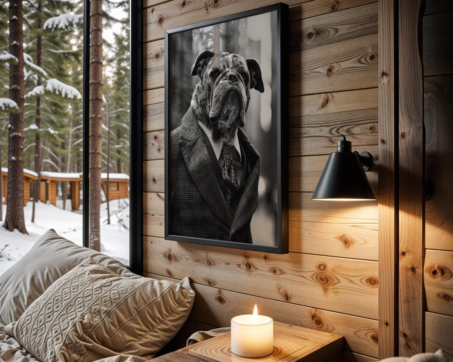 Dog Photography Brindle Bulldog in Tweed Coat Art Print | Dapper Pet Portrait wall art print, minimalist black and white poster, modern Scandinavian wall decor, Monohaus
