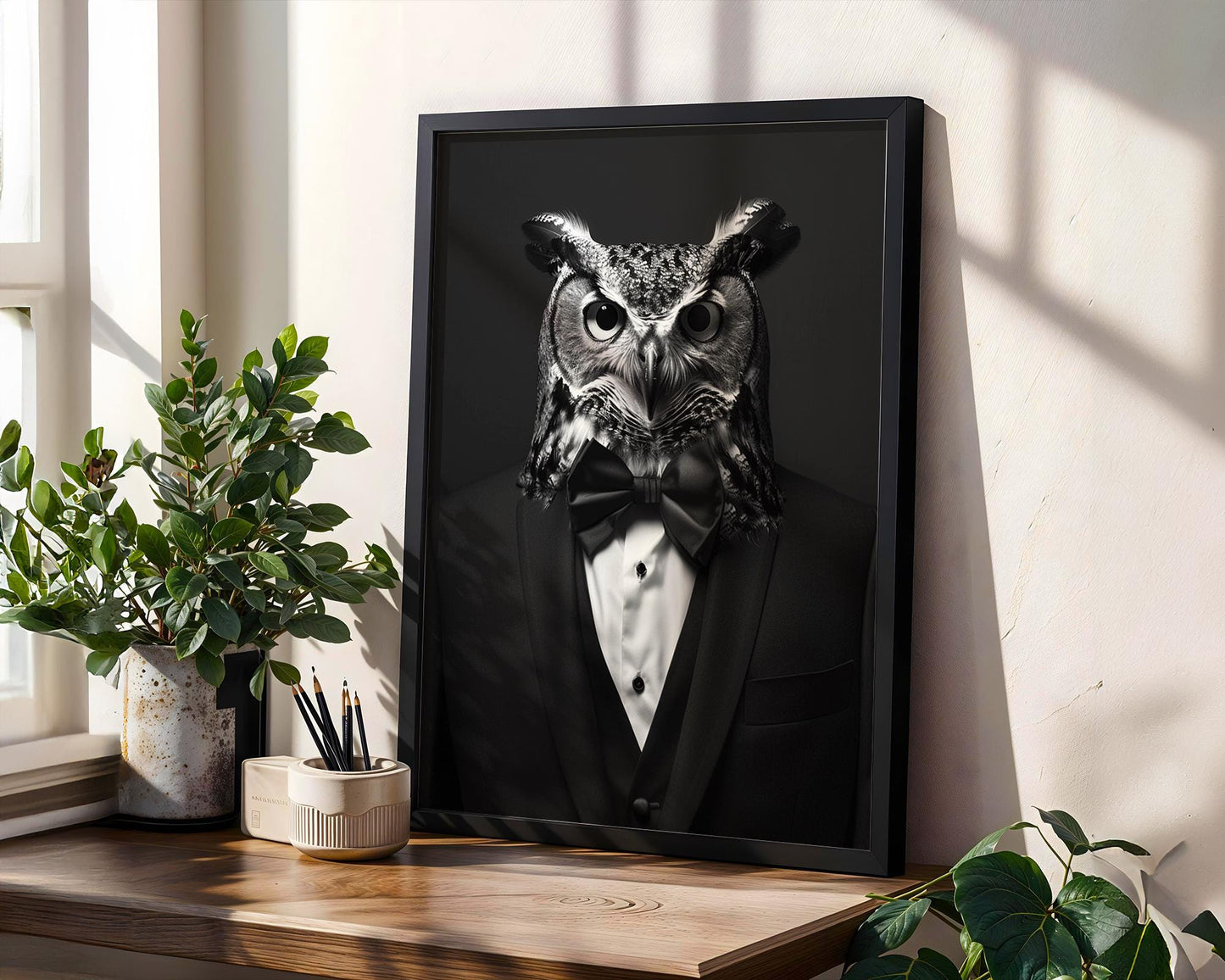 Designer Wall Art | Owl in Tuxedo Portrait Print | Black and White Animal Photography wall art print, minimalist black and white poster, modern Scandinavian wall decor, Monohaus