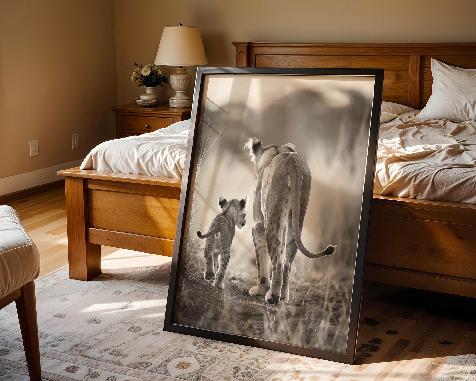 Wildlife Poster | Lion Cub & Mother Sepia Print | Minimalist Safari Wall Art wall art print, minimalist black and white poster, modern Scandinavian wall decor, Monohaus