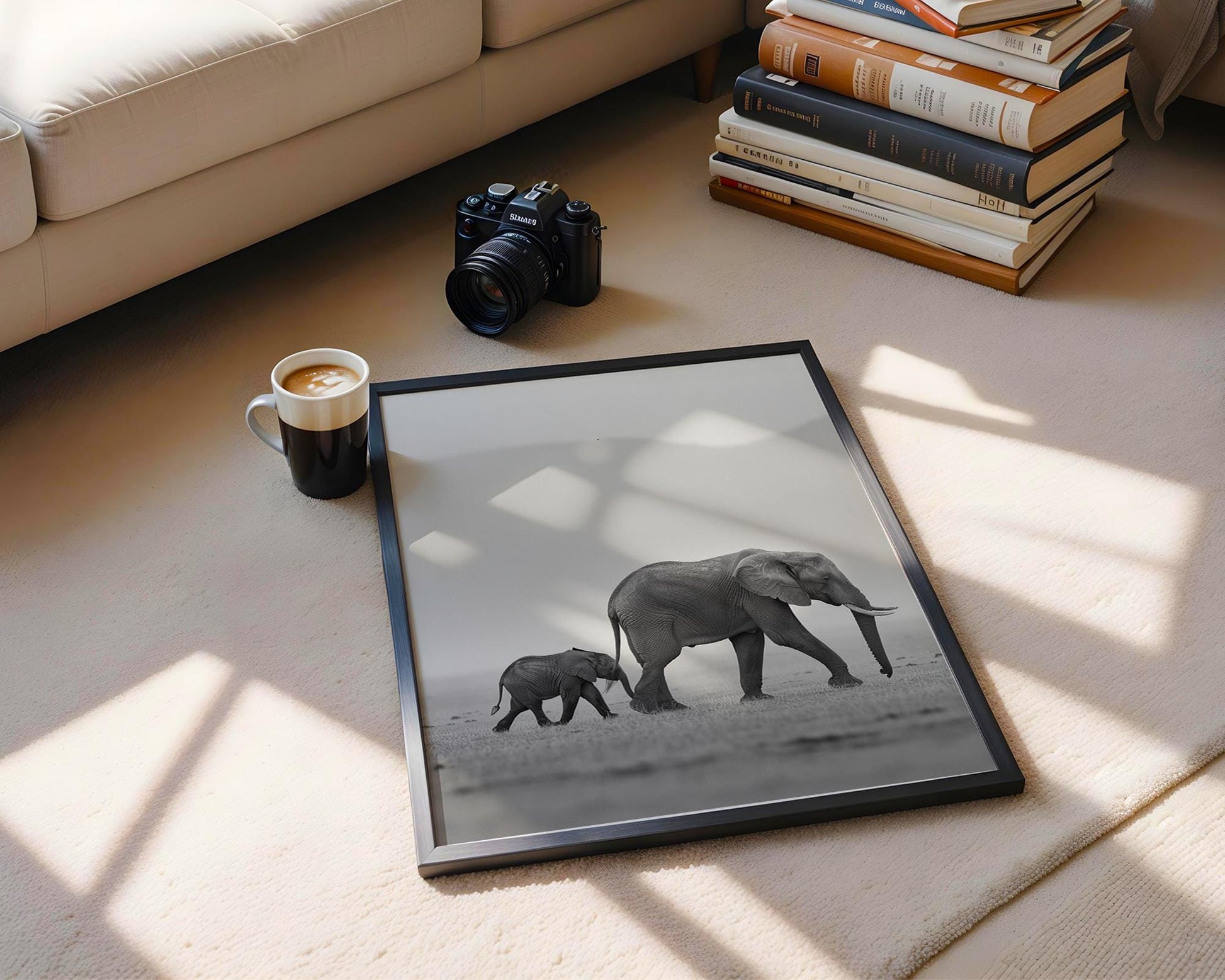 Wildlife Poster | Elephant Calf Art Print • Black & White Safari Photography wall art print, minimalist black and white poster, modern Scandinavian wall decor, Monohaus