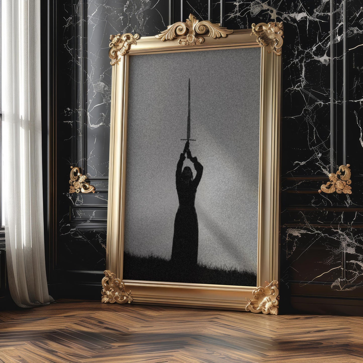 Designer Wall Art | Sword Silhouette Print | Dark Gothic Warrior Art, Fantasy Decor wall art print, minimalist black and white poster, modern Scandinavian wall decor, Monohaus