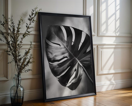 Botanical Photo | Dark Monstera Leaf Print | Moody Black and White Tropical Foliage wall art print, minimalist black and white poster, modern Scandinavian wall decor, Monohaus