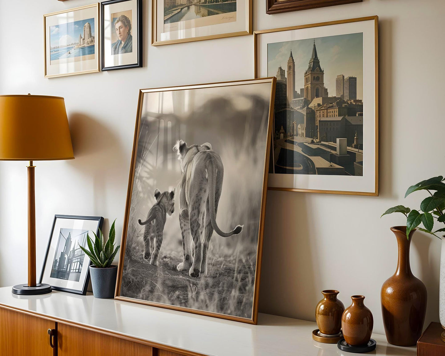 Wildlife Poster | Lion Cub & Mother Sepia Print | Minimalist Safari Wall Art wall art print, minimalist black and white poster, modern Scandinavian wall decor, Monohaus