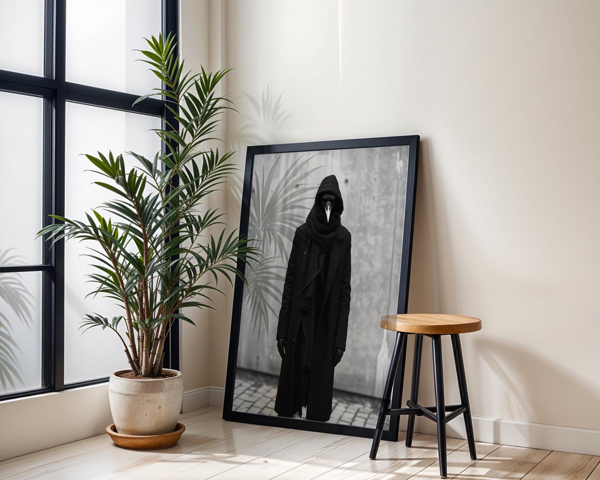 Minimal Wall Art Surreal Raven Figure Art Print | Dark Academia Photography wall art print, minimalist black and white poster, modern Scandinavian wall decor, Monohaus