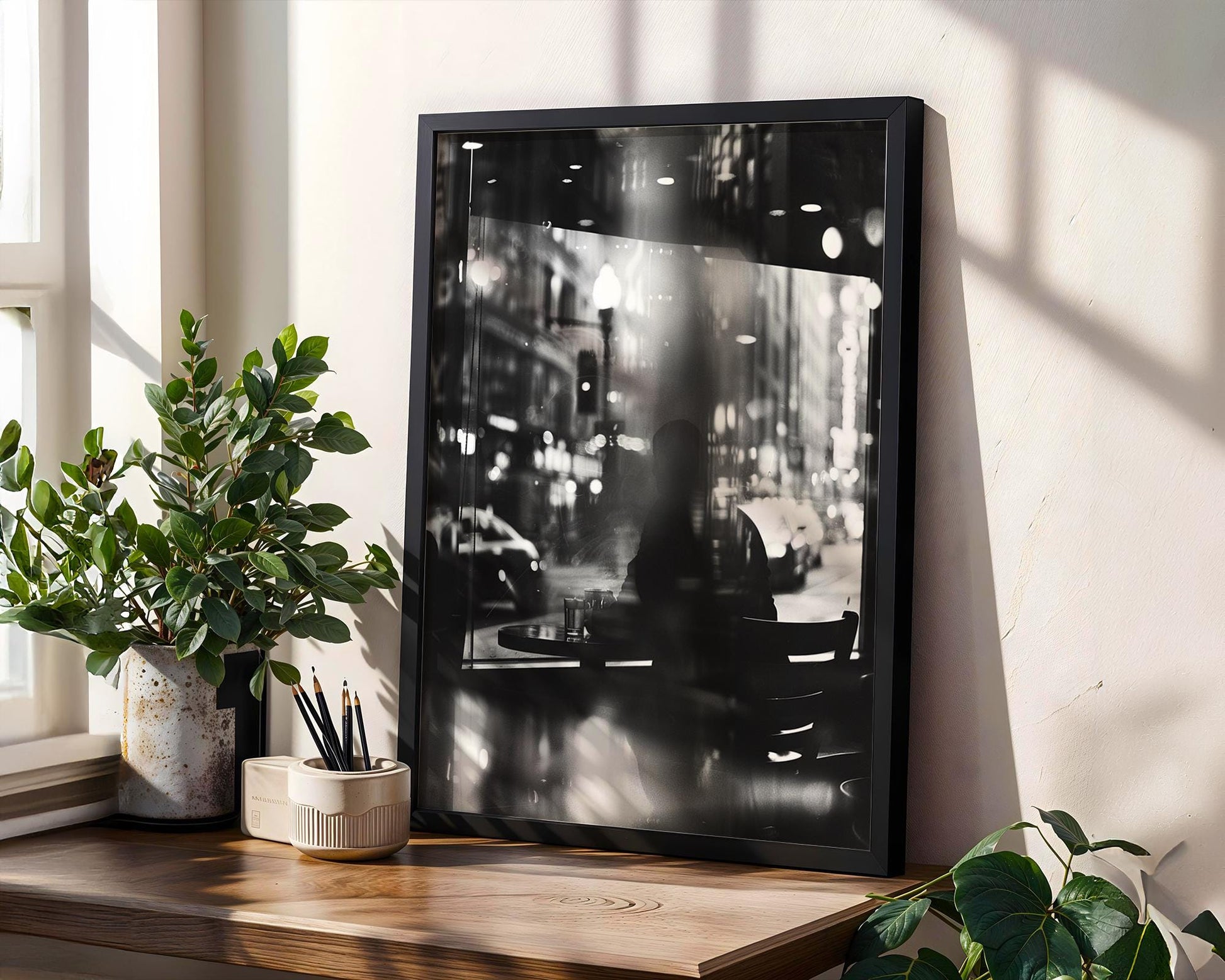 Urban Photography | Cafe Window Black and White Photography Print | Cosy Living Room Decor black and white photo print, minimalist monochrome wall art poster for modern interiors, Monohaus