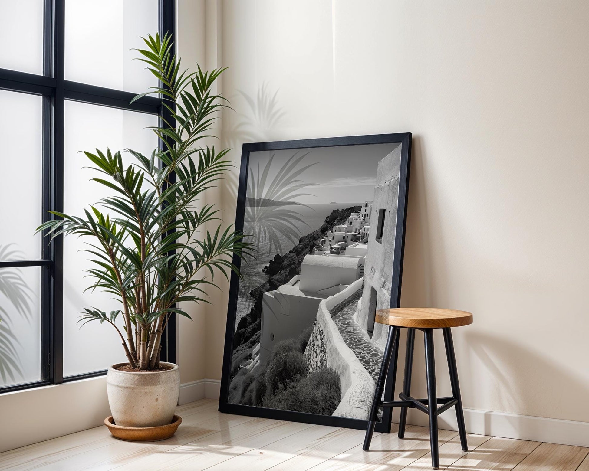 World Landmark | Santorini Black and White Print | Oia Cliffside Architecture Poster wall art print, black and white architectural poster, minimalist modern Scandinavian wall decor, Monohaus