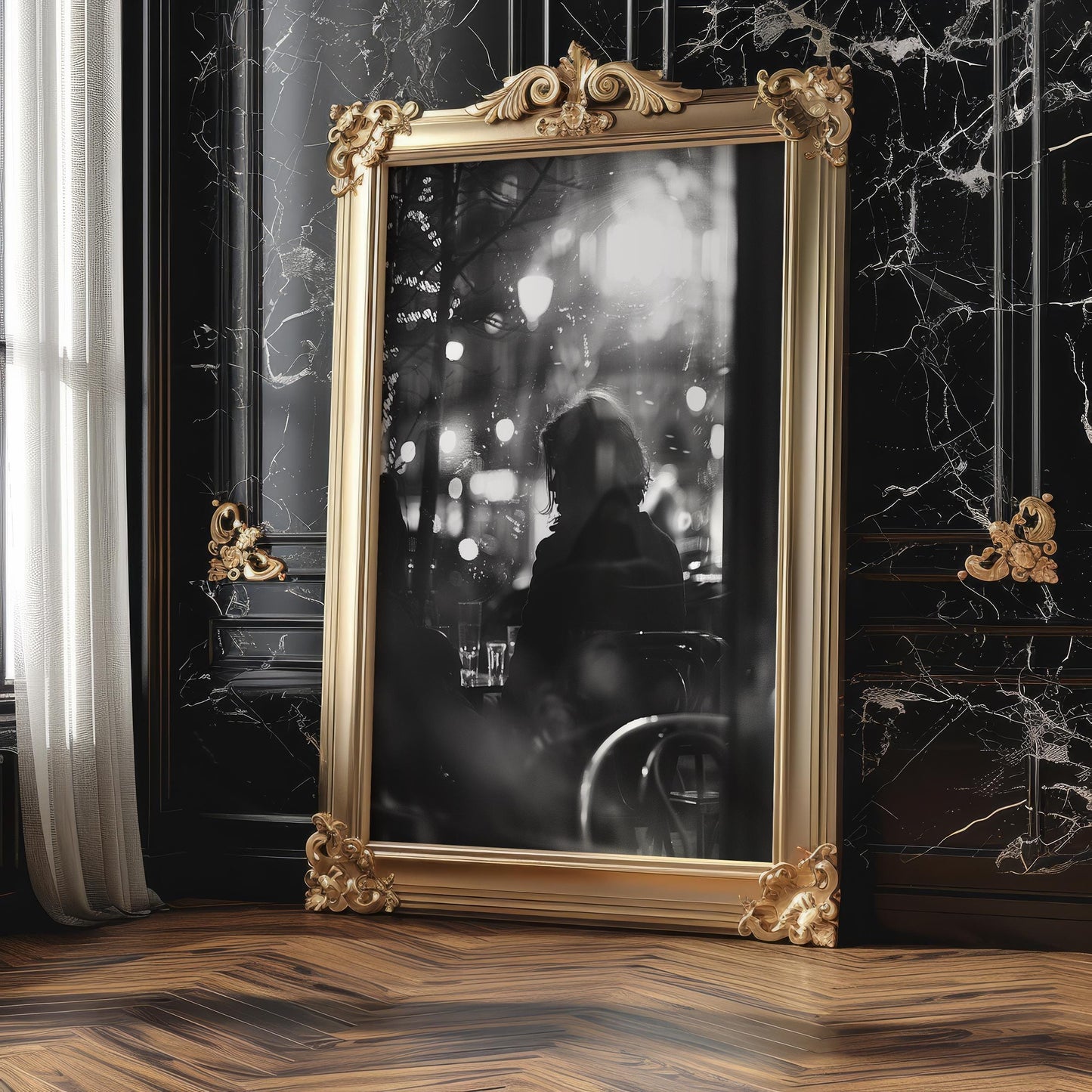 Urban Photography | Cafe Silhouette Print | Moody Black and White Night Photography black and white photo print, minimalist monochrome wall art poster for modern interiors, Monohaus