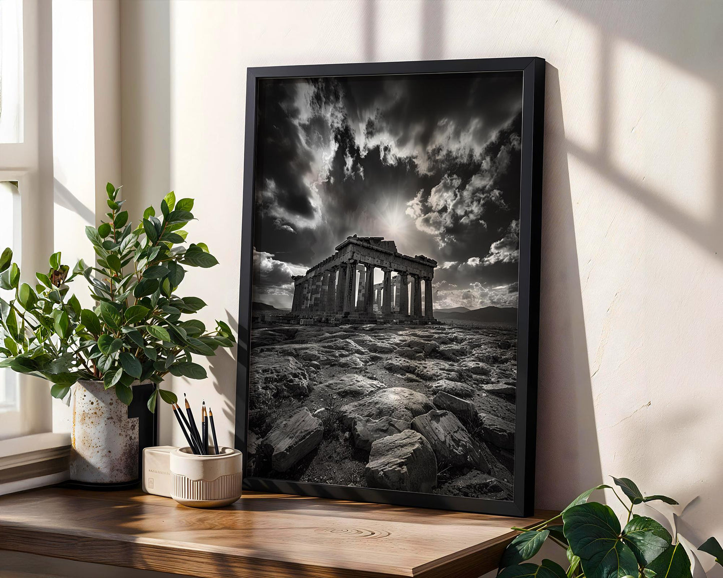 World Landmark | Parthenon Temple Sunburst Print | Black and White Athens Architecture