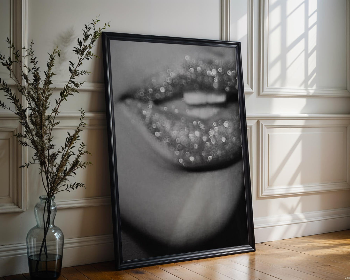 Glitter Lips Photography Print | Monochrome Glam Wall Art wall art print, minimalist black and white poster, modern Scandinavian wall decor, Monohaus