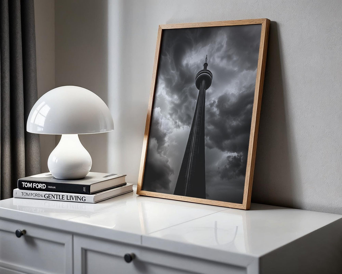 World Landmark | CN Tower Print | Dramatic Storm Clouds, Toronto Photography wall art print, black and white architectural poster, minimalist modern Scandinavian wall decor, Monohaus