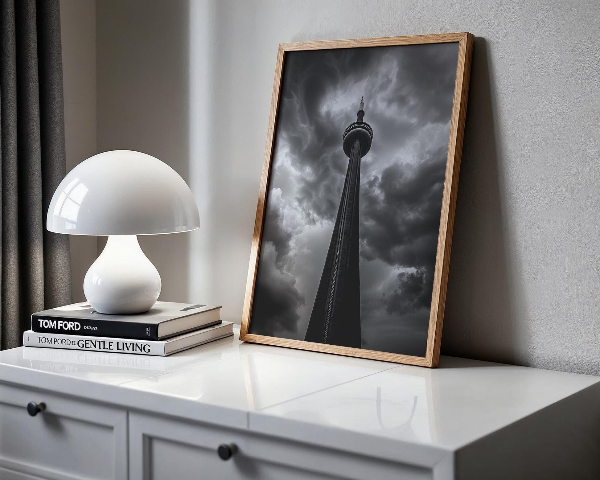 World Landmark | CN Tower Print | Dramatic Storm Clouds, Toronto Photography wall art print, black and white architectural poster, minimalist modern Scandinavian wall decor, Monohaus