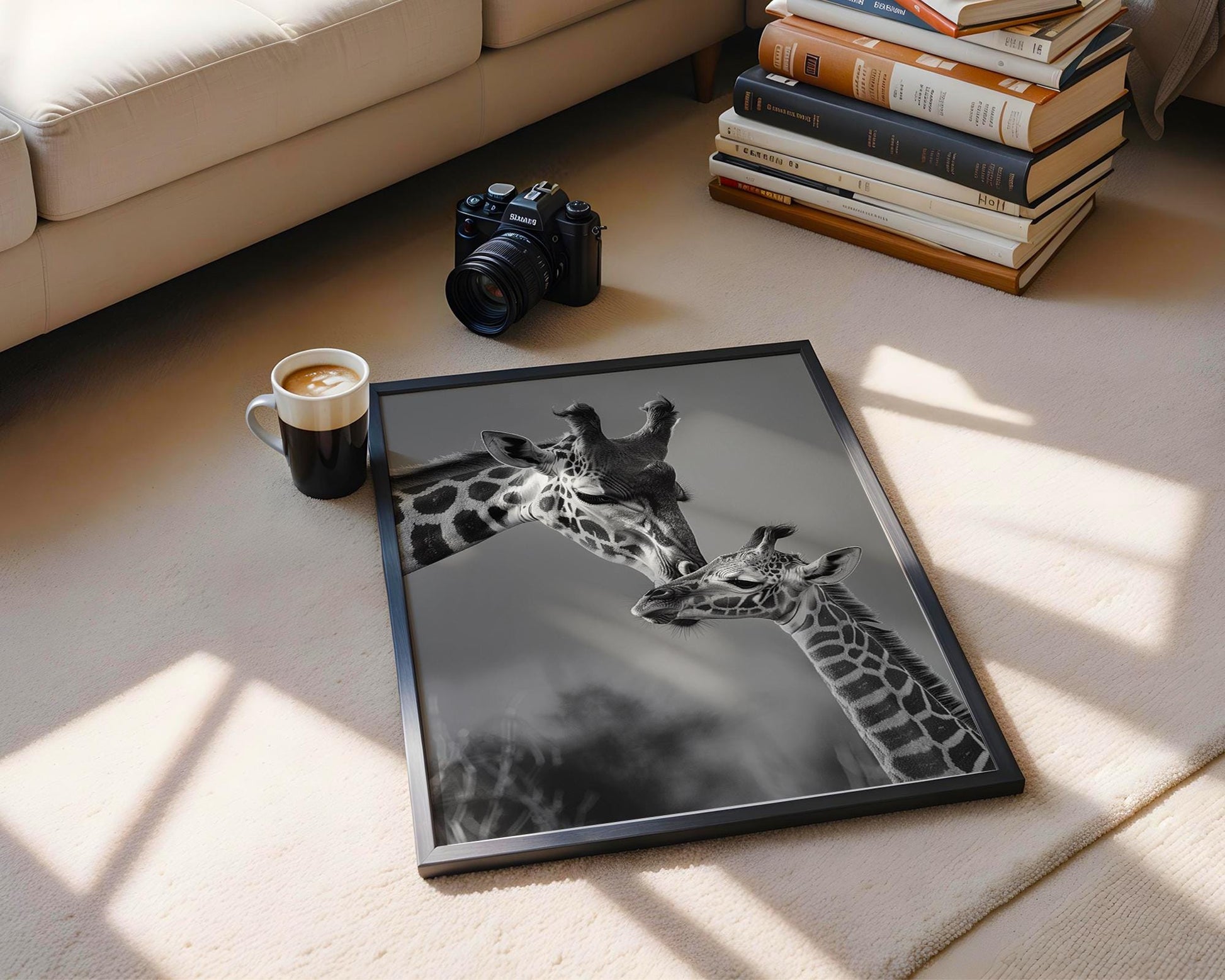 Wildlife Poster | Giraffe Mother & Calf Print • Minimalist Black and White Safari Wall Art wall art print, minimalist black and white poster, modern Scandinavian wall decor, Monohaus