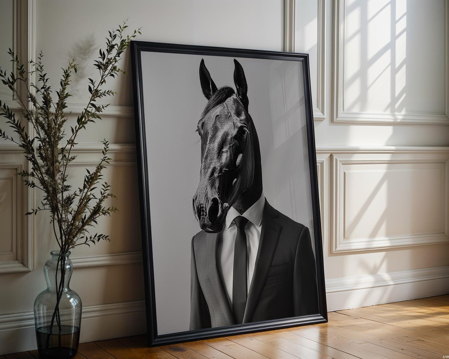 Horse Head in Suit Print | Surreal Equestrian Wall Art wall art print, minimalist black and white poster, modern Scandinavian wall decor, Monohaus