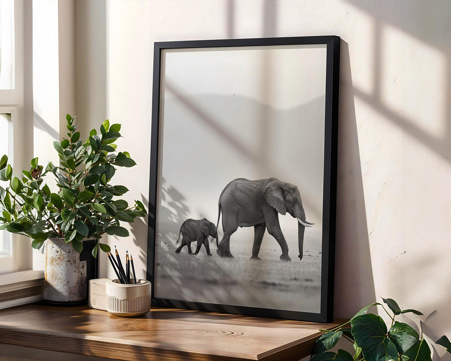 Wildlife Poster | Elephant Calf Art Print • Black & White Safari Photography wall art print, minimalist black and white poster, modern Scandinavian wall decor, Monohaus